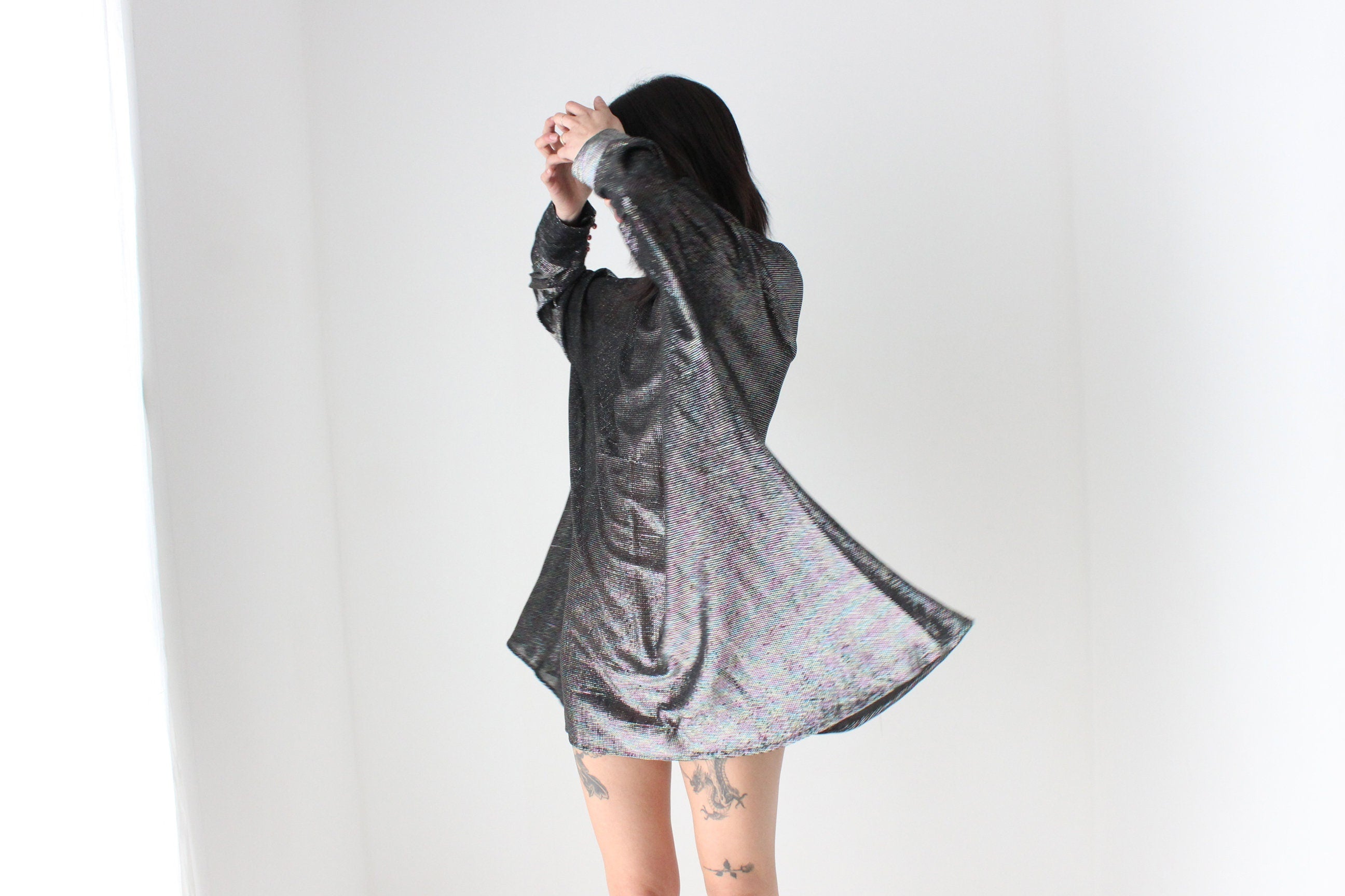 70s Studio 54 Metallic Glam Disco Batwing Mini Dress