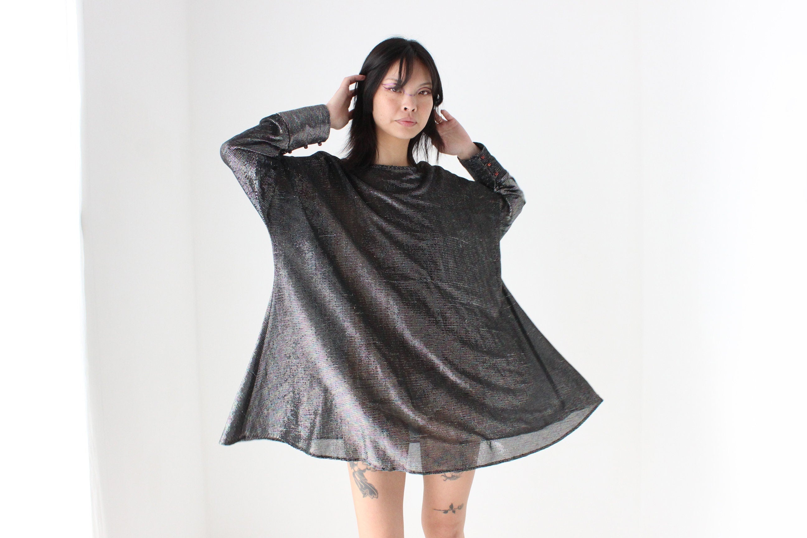 70s Studio 54 Metallic Glam Disco Batwing Mini Dress