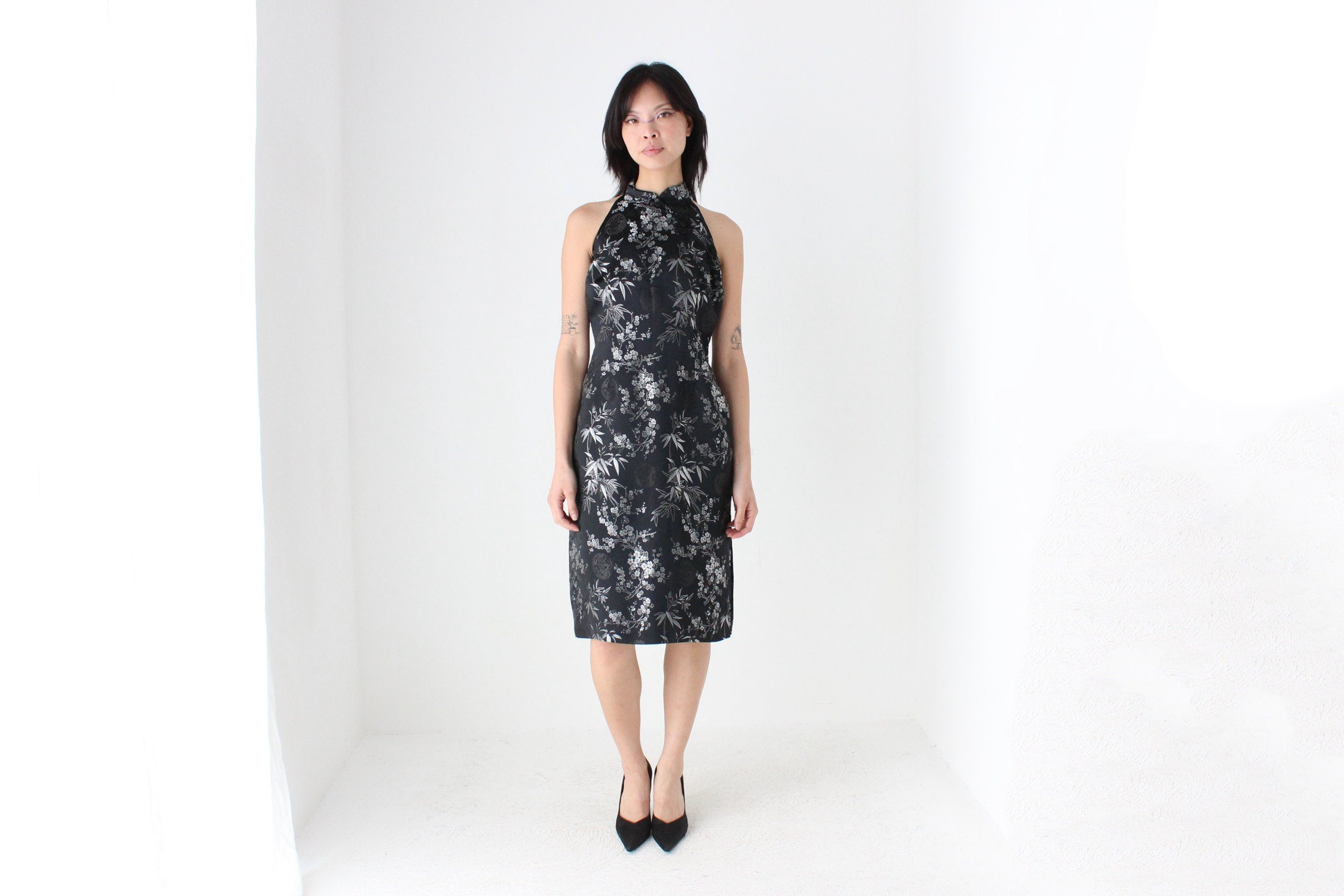 90s Chinese Satin Black + Silver Wiggle Fitted Dress