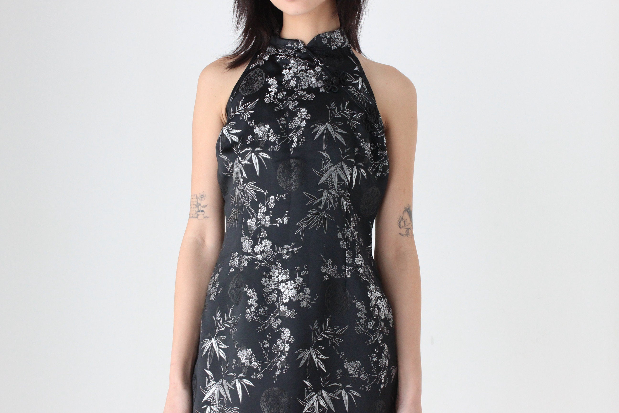 90s Chinese Satin Black + Silver Wiggle Fitted Dress