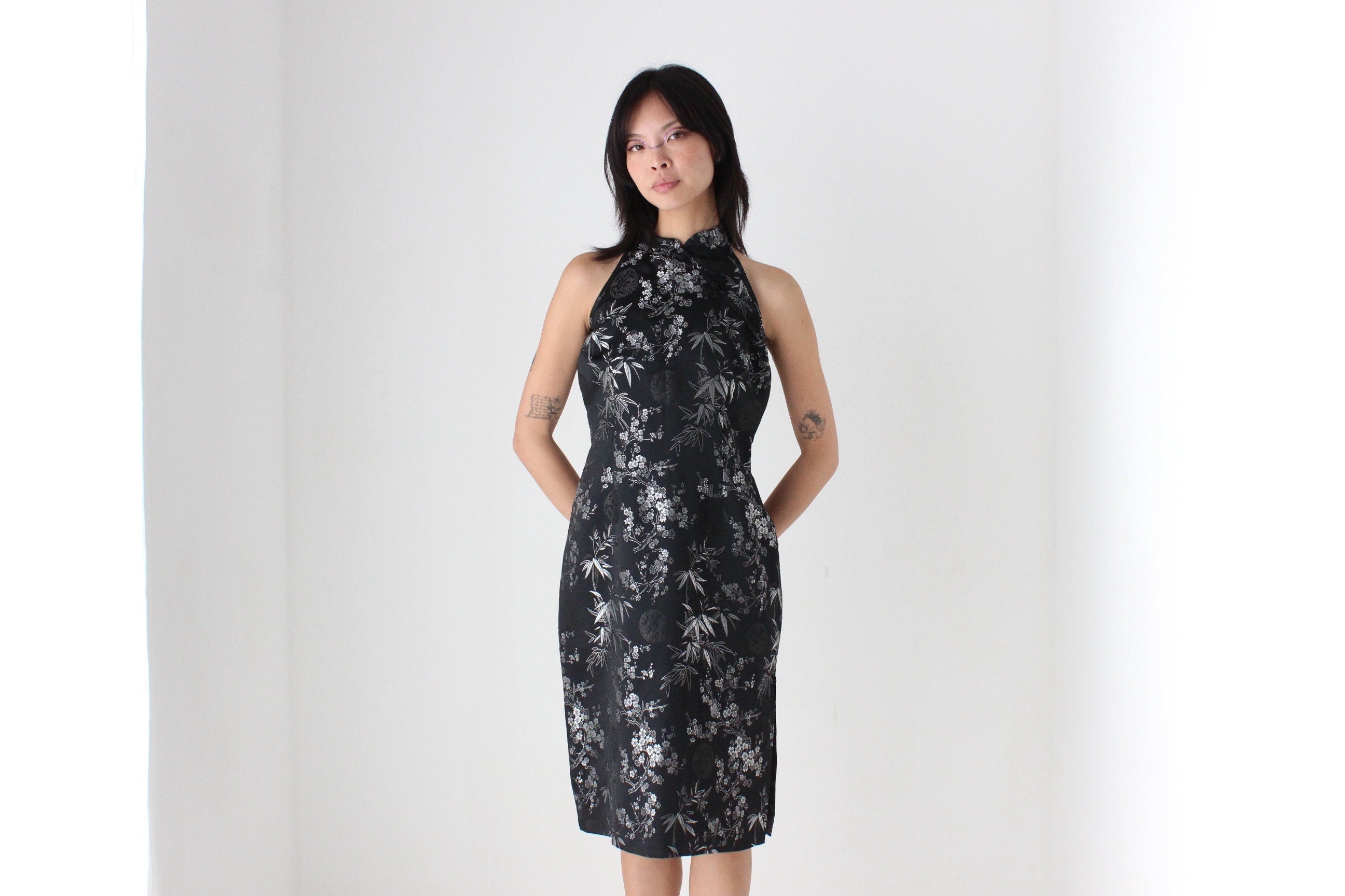 90s Chinese Satin Black + Silver Wiggle Fitted Dress
