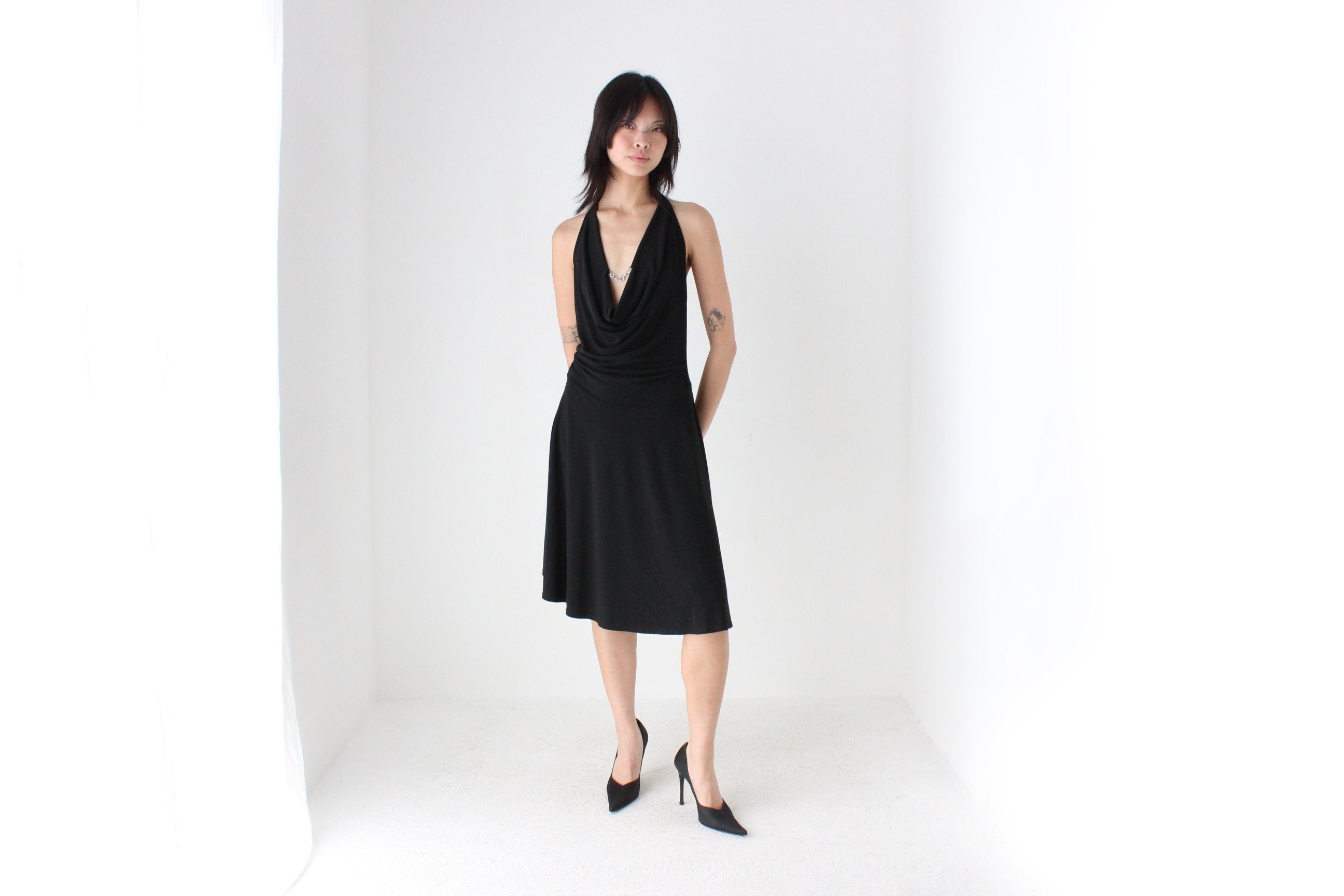 Y2K Slinky Halter Plunge Neck & Low Back Party Dress