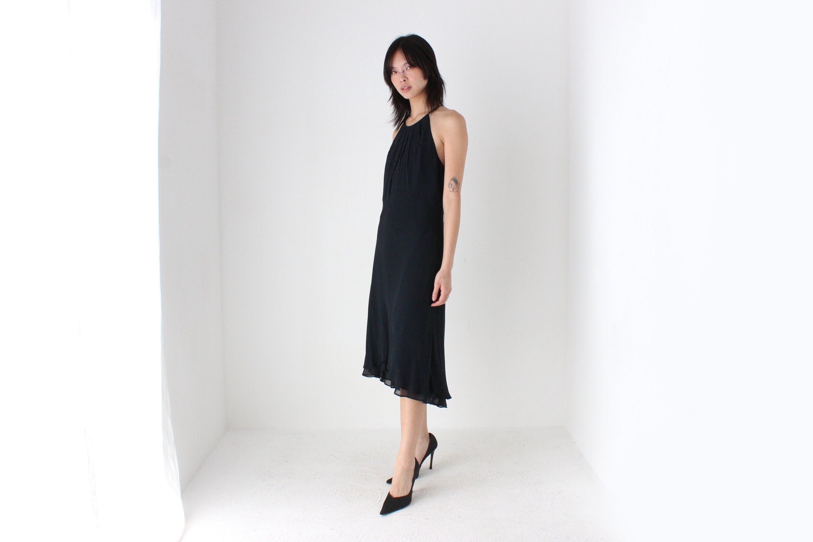 Y2K Pure Silk Georgette Halter Dress w/ Beading