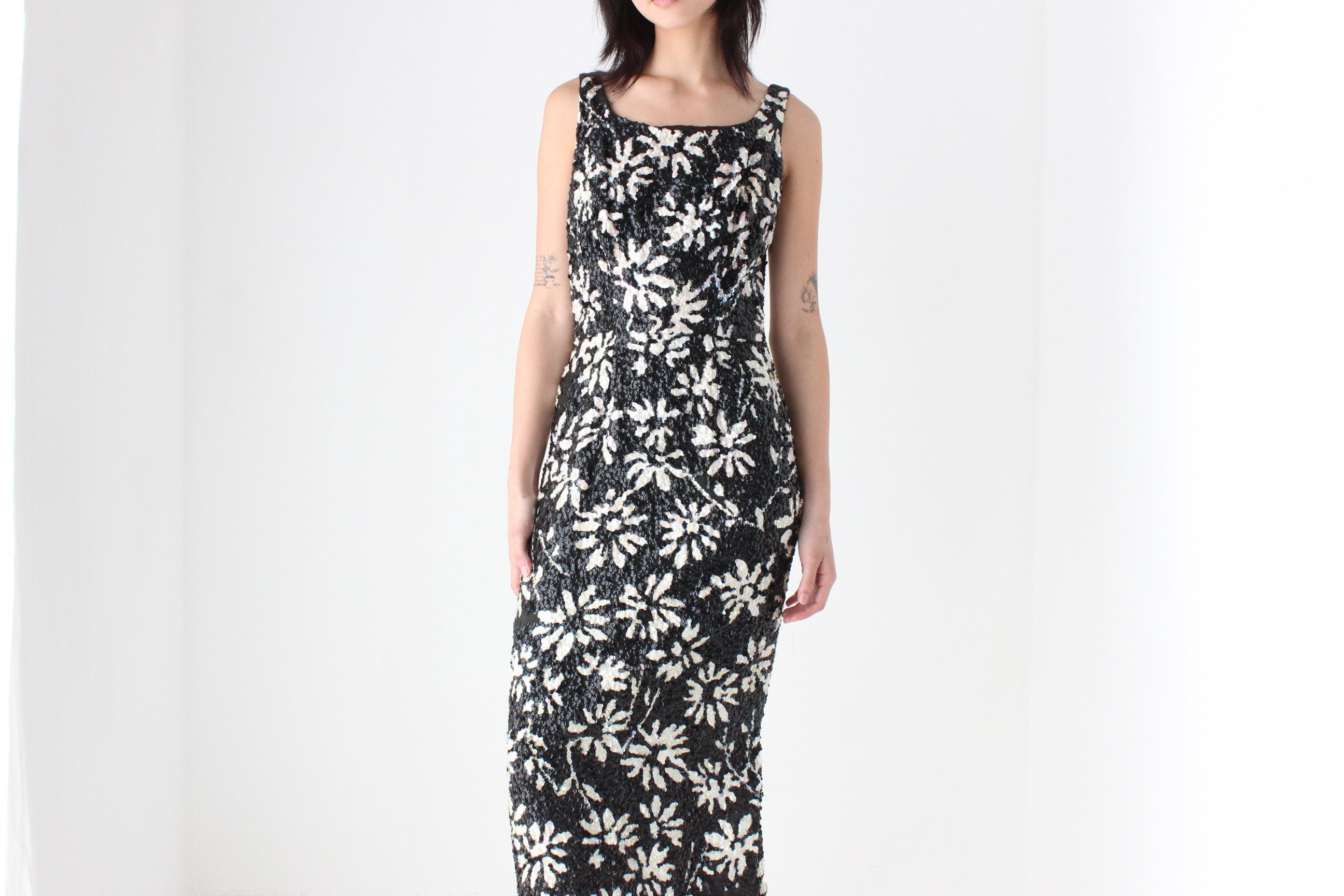 60s SEQUIN Flower Pattern Hand Sewn Party Dress