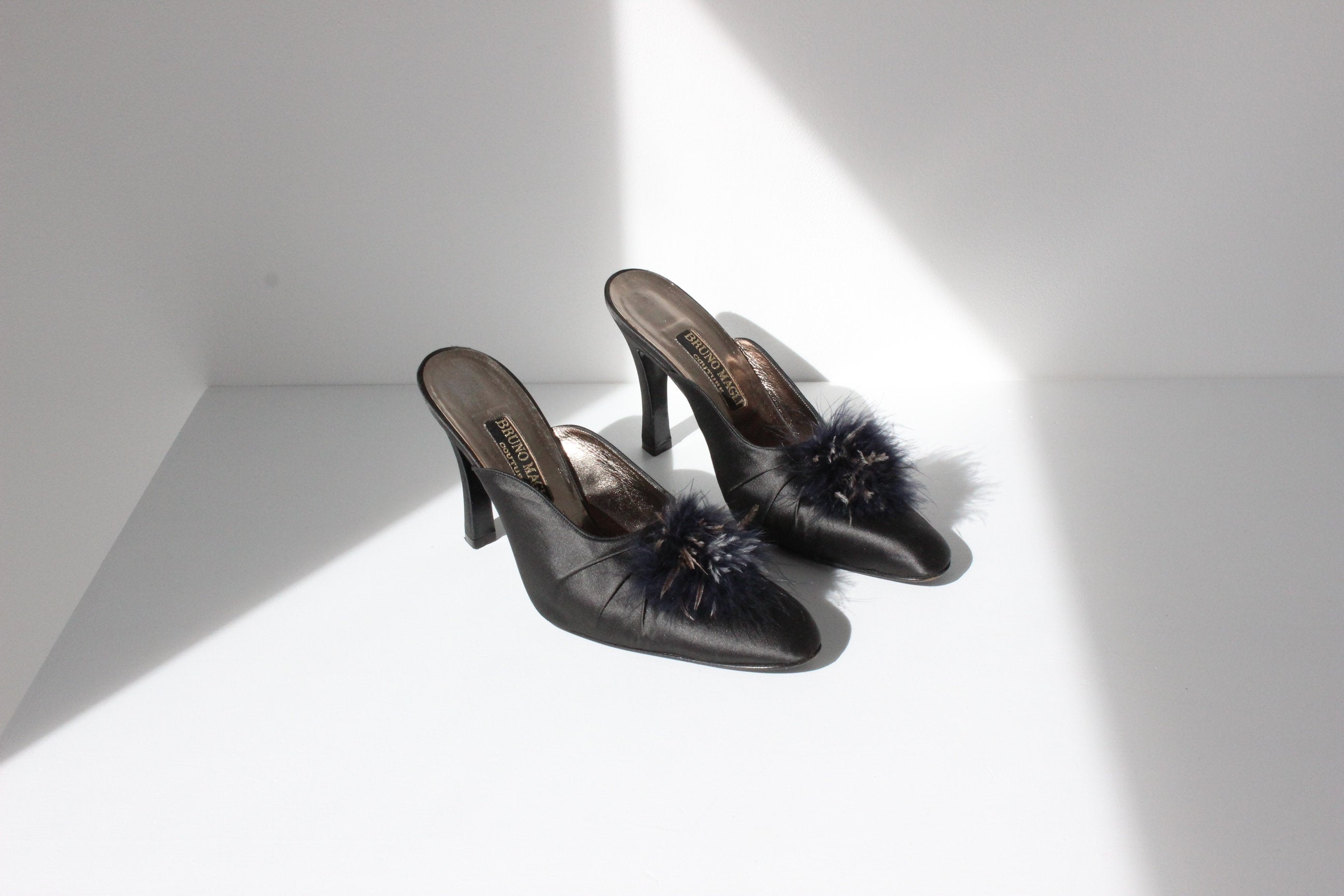 80s Bruno Magli Couture Satin & Feather Puff Heels ~ Euro 39