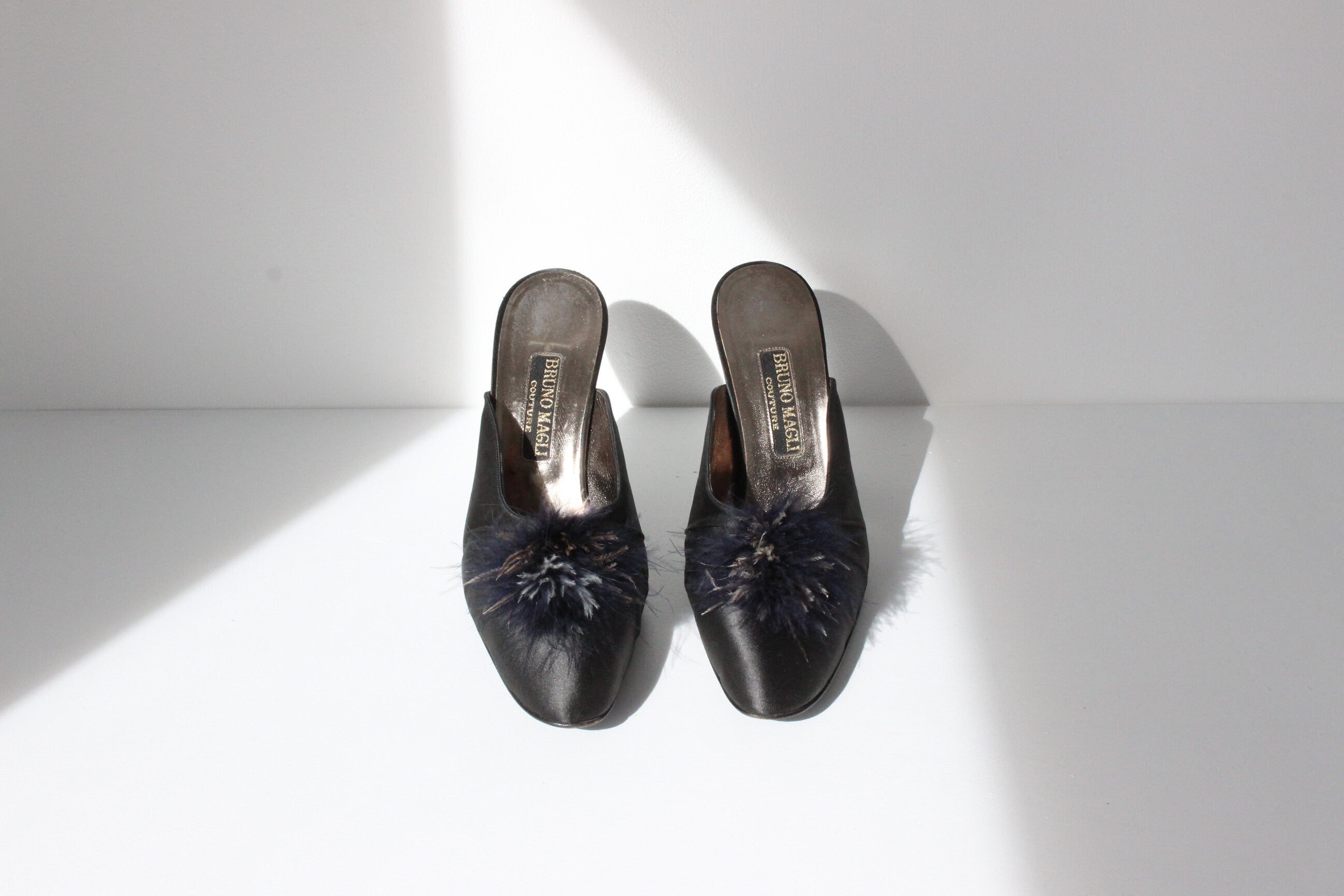 80s Bruno Magli Couture Satin & Feather Puff Heels ~ Euro 39