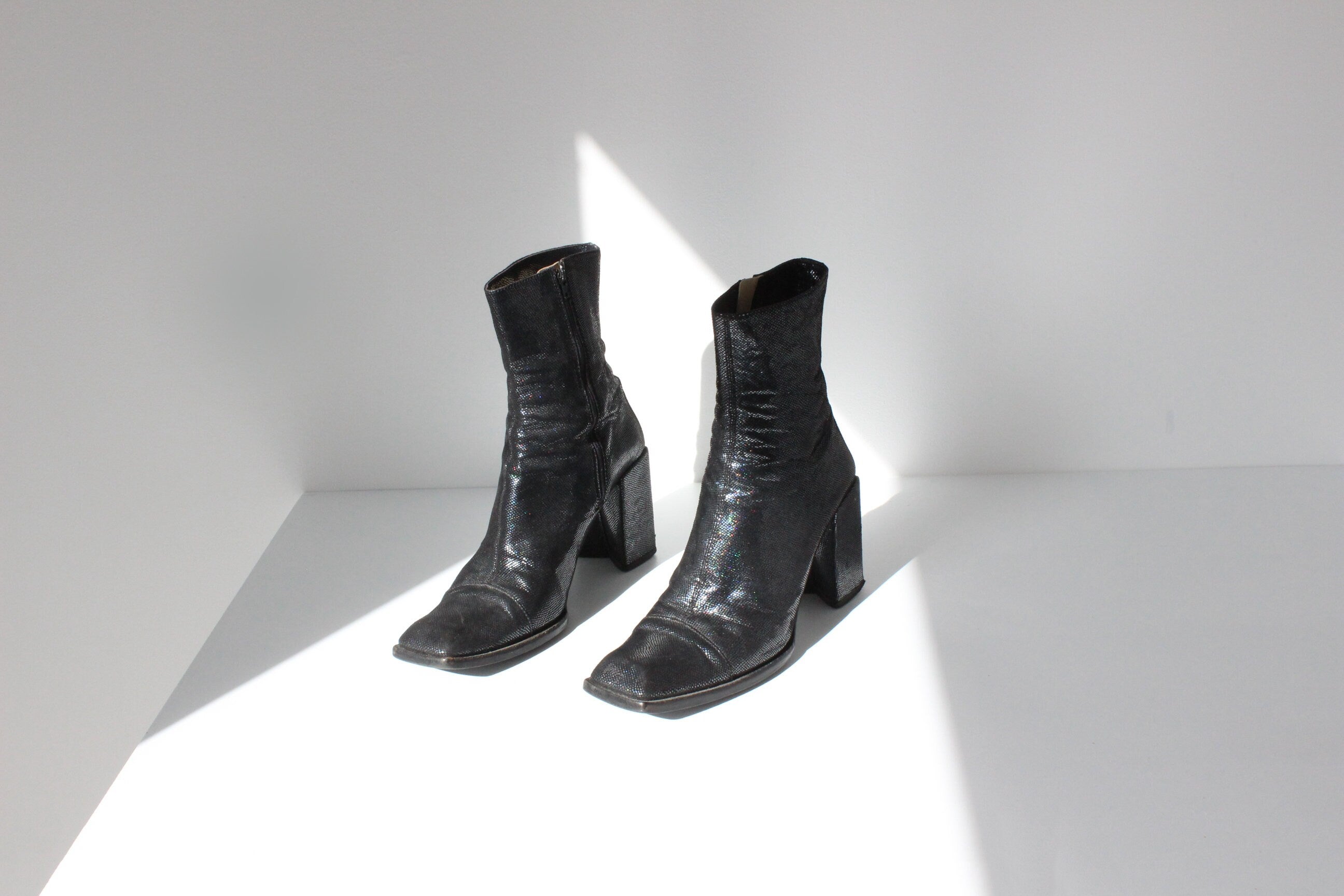 90s Michel Perry Holographic Leather Boots w/ Block Heel ~ Euro 39