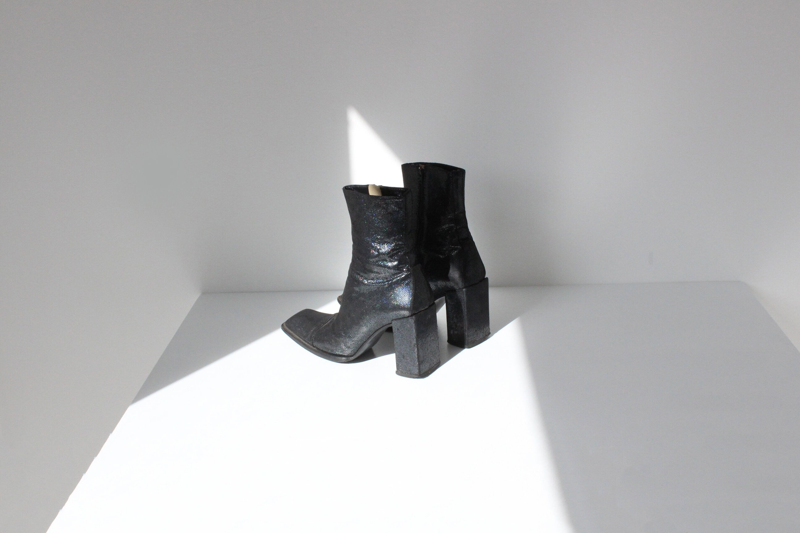 90s Michel Perry Holographic Leather Boots w/ Block Heel ~ Euro 39