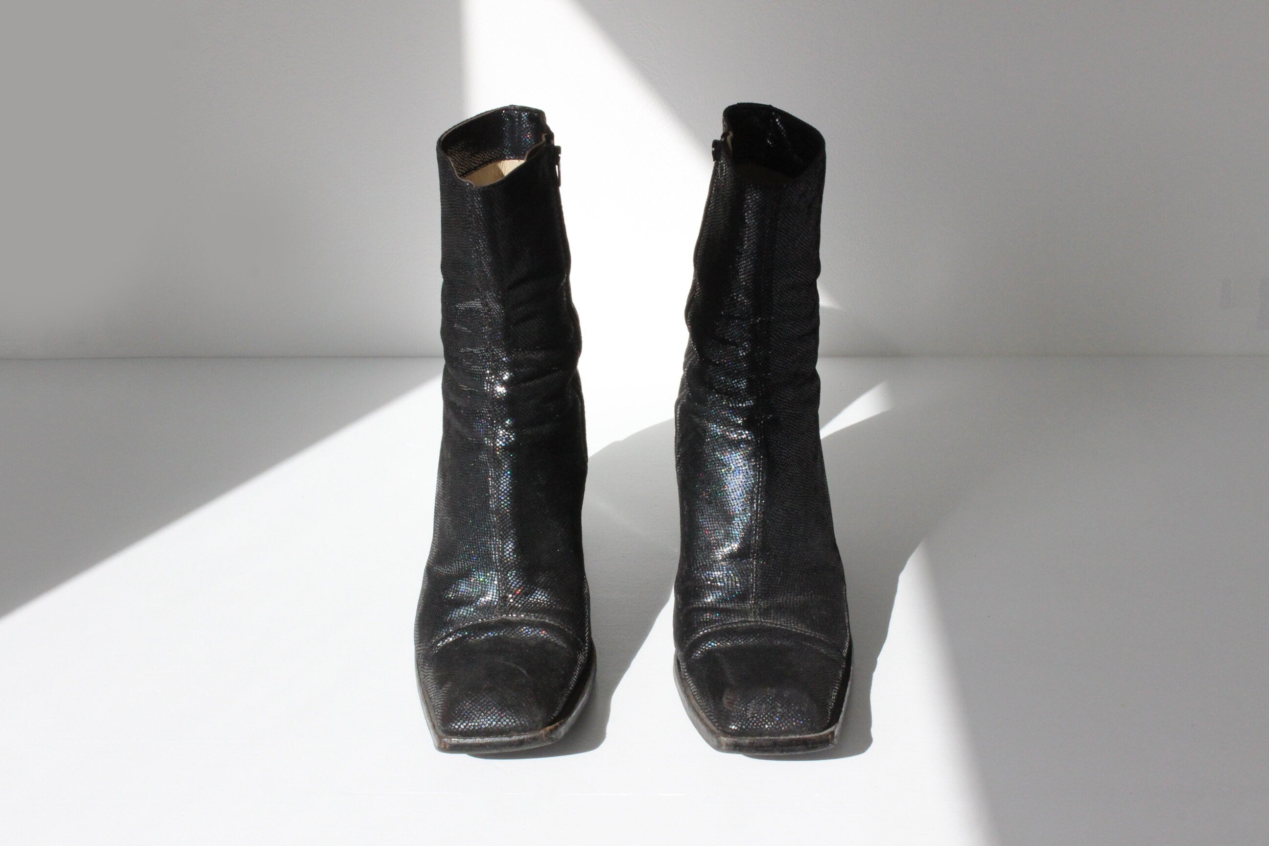90s Michel Perry Holographic Leather Boots w/ Block Heel ~ Euro 39