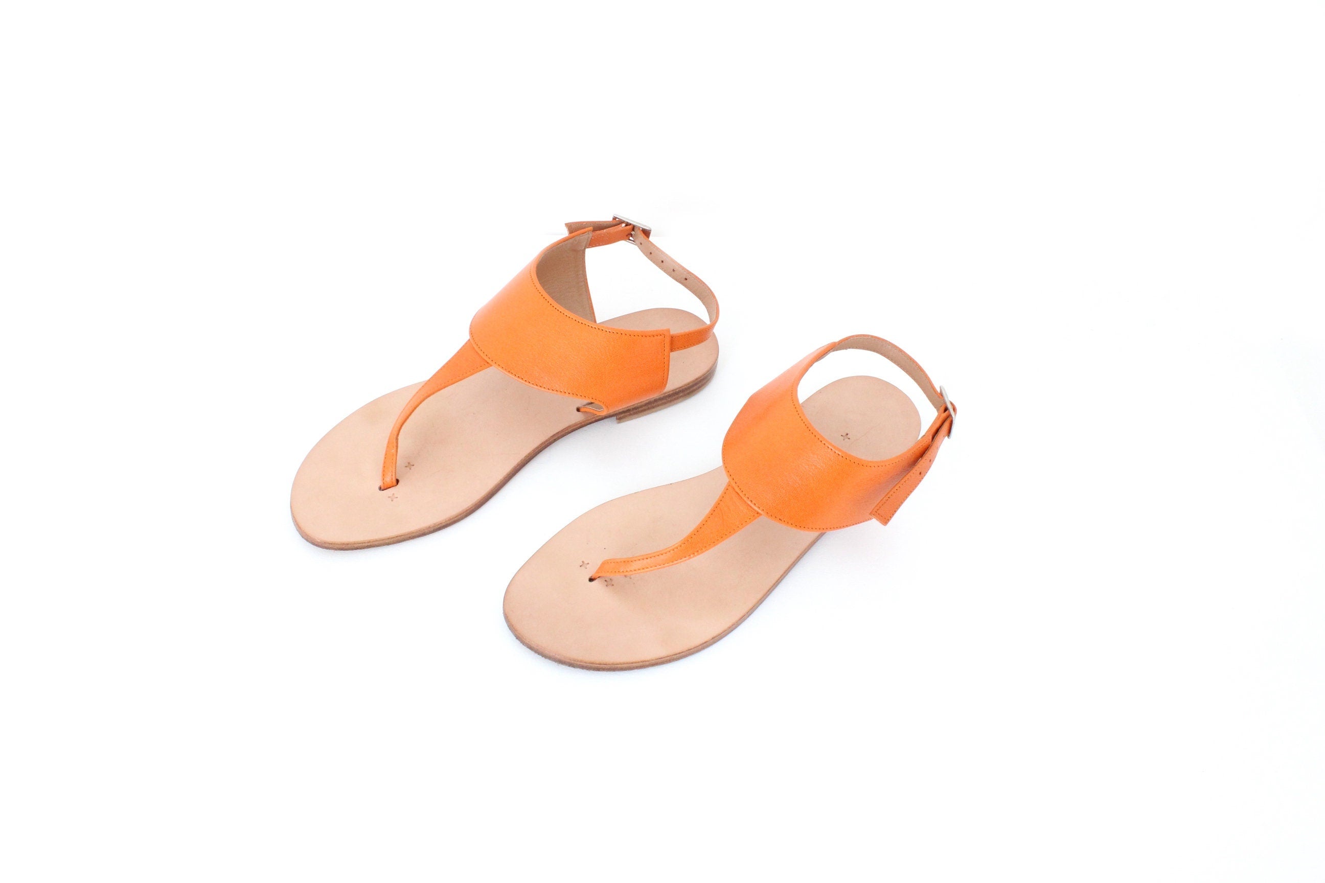 Custom Hand Made Italian L'Artiginale Orange Leather T-Bar Sandals ~ Euro 39.5