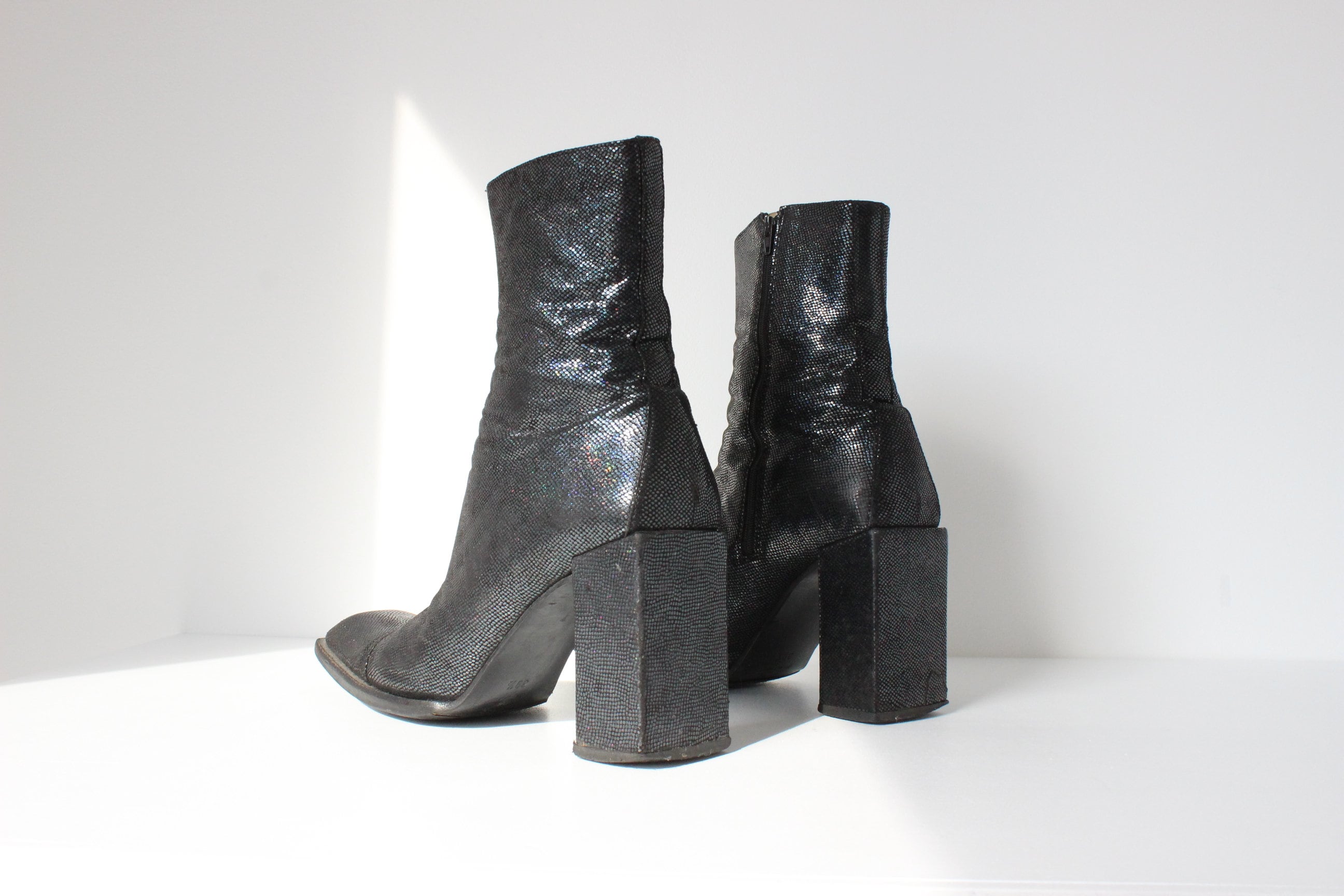 90s Michel Perry Holographic Leather Boots w/ Block Heel ~ Euro 39