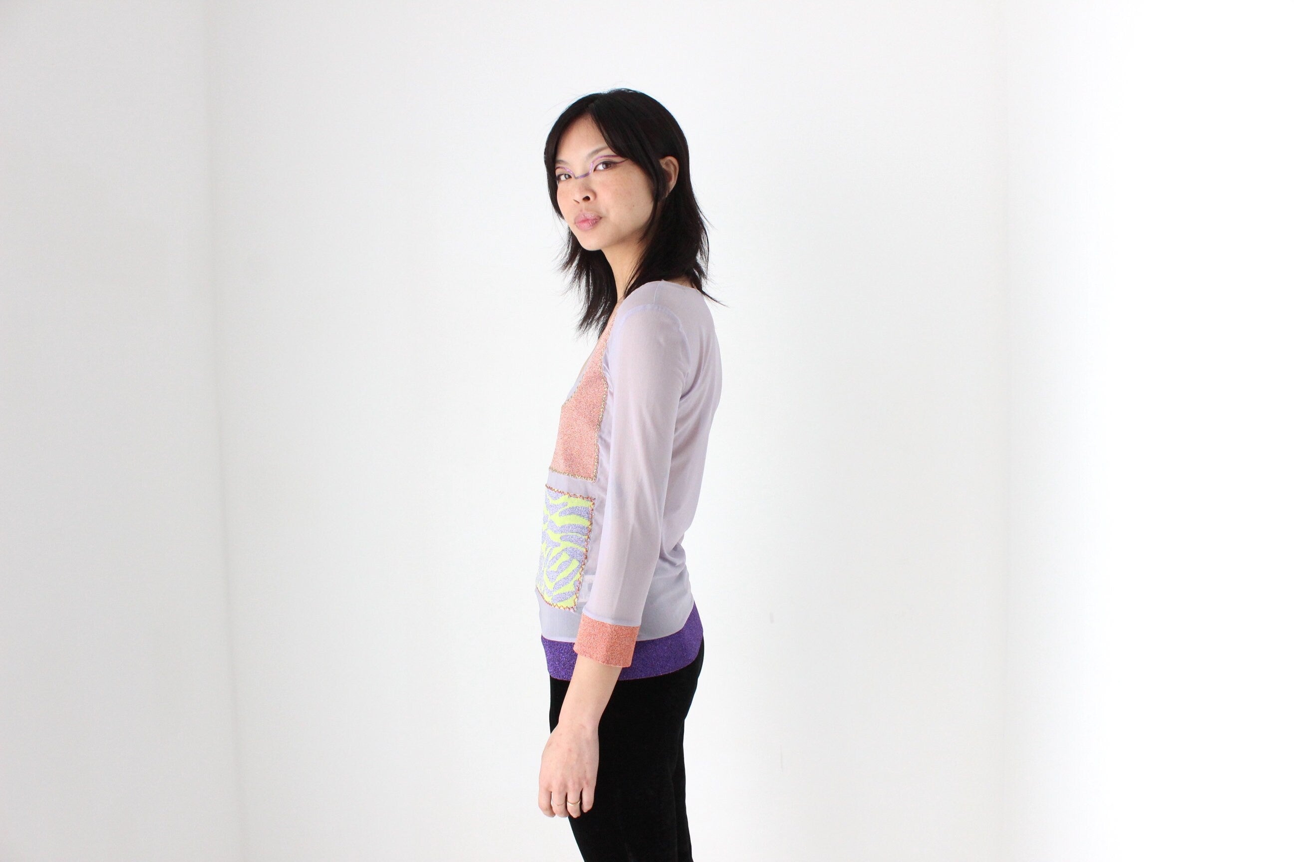 Y2K Iceberg Italy Mesh & Lurex Scoop Neck Long Sleeve Top