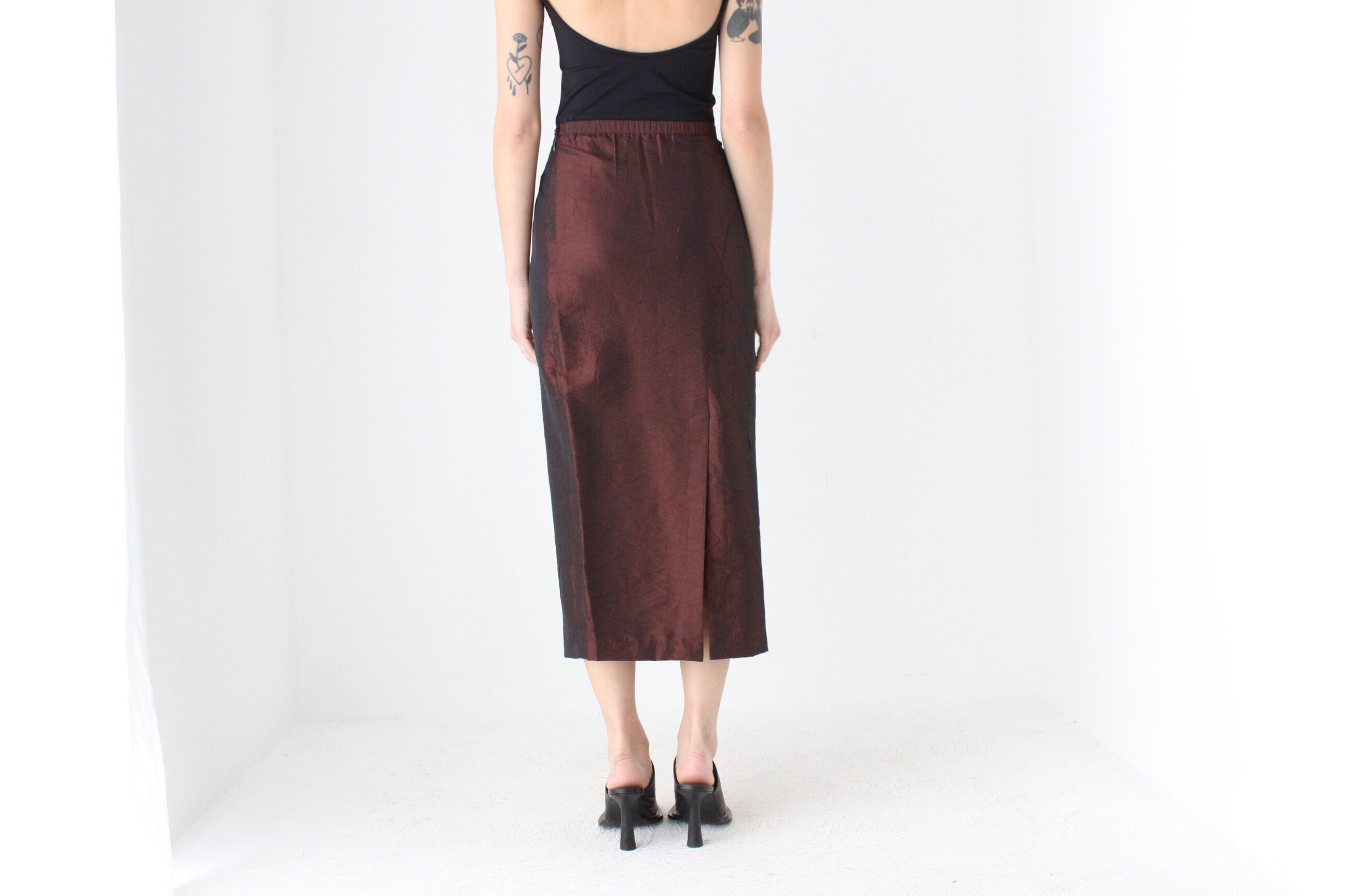 90s Metallic Chocolate Crinkle Taffeta High Waist Column Midi Skirt