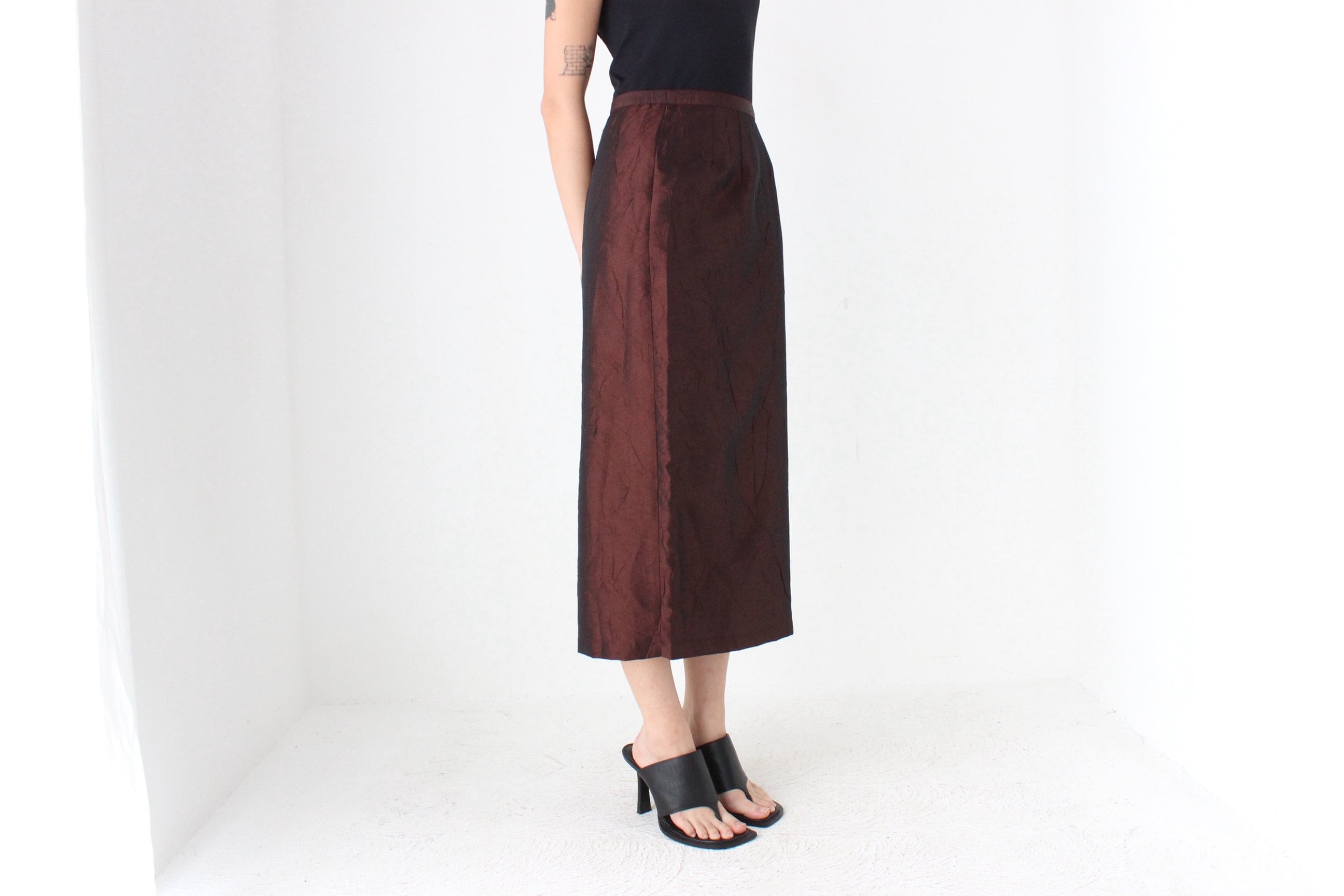 90s Metallic Chocolate Crinkle Taffeta High Waist Column Midi Skirt