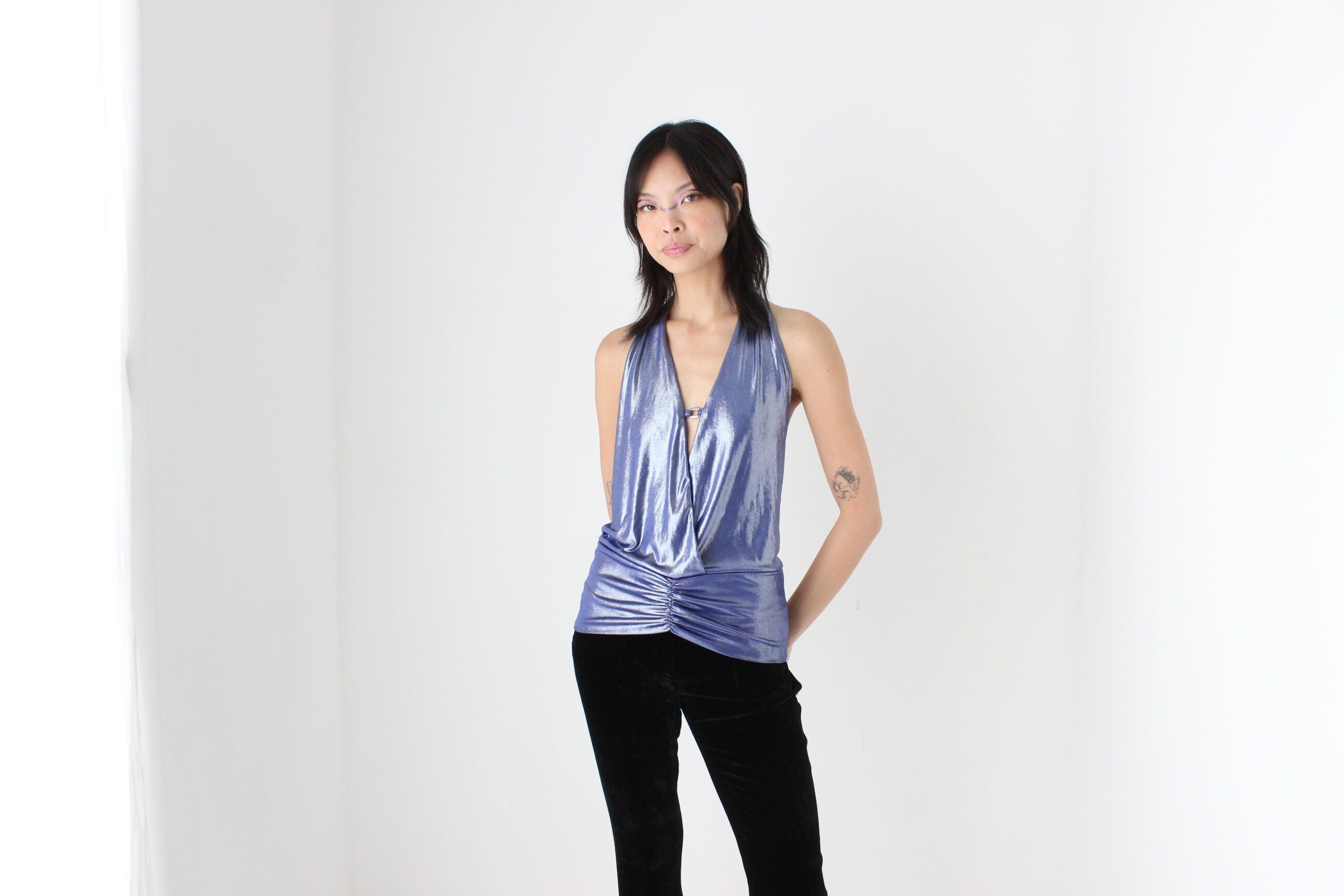 Sexiest Y2K Metallic Disco Plunge Halter Top