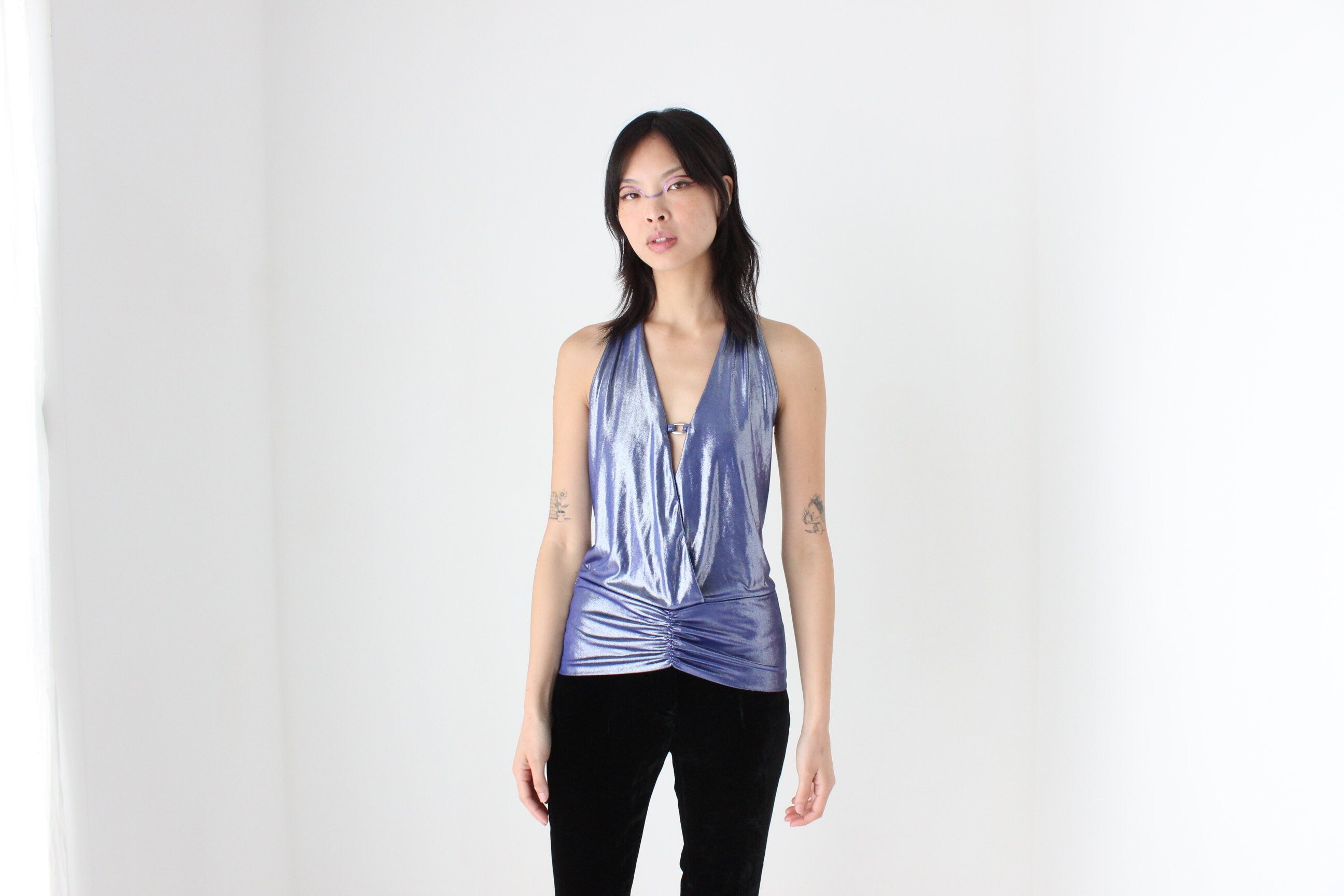 Sexiest Y2K Metallic Disco Plunge Halter Top