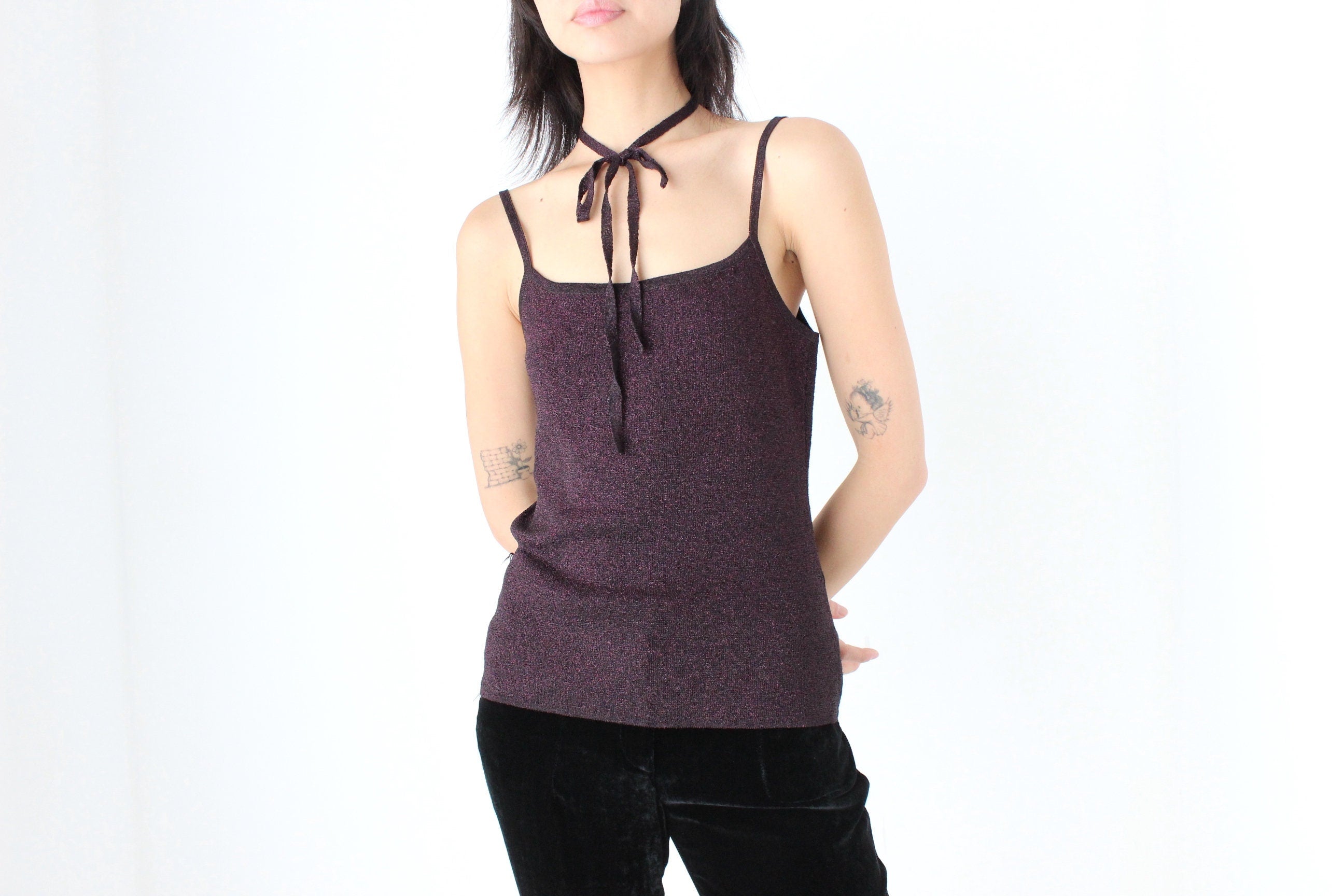 Y2K Lurex Stretch Fitted Tank w/ Tie Belt or Choker
