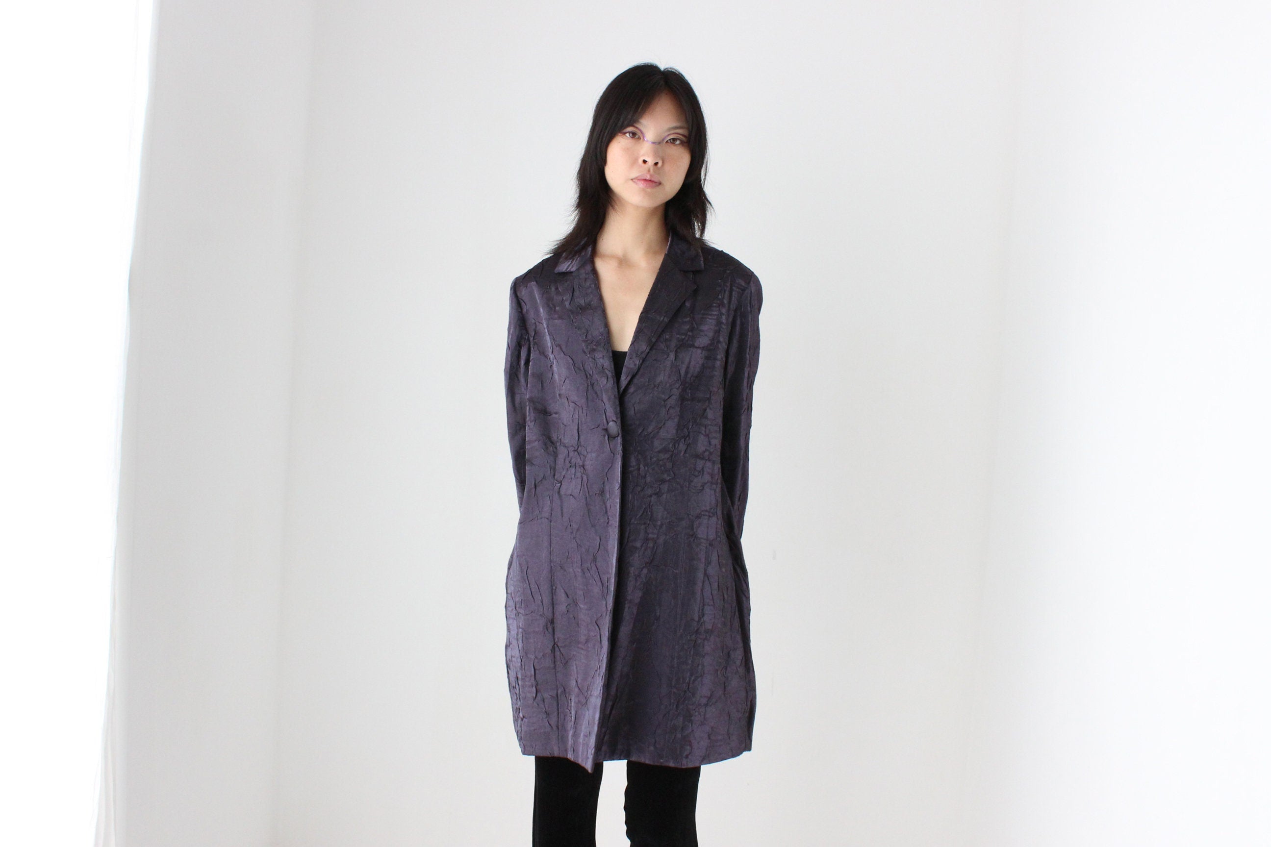 90s Deep Purple Metallic Crinkle Single Button Trench Coat