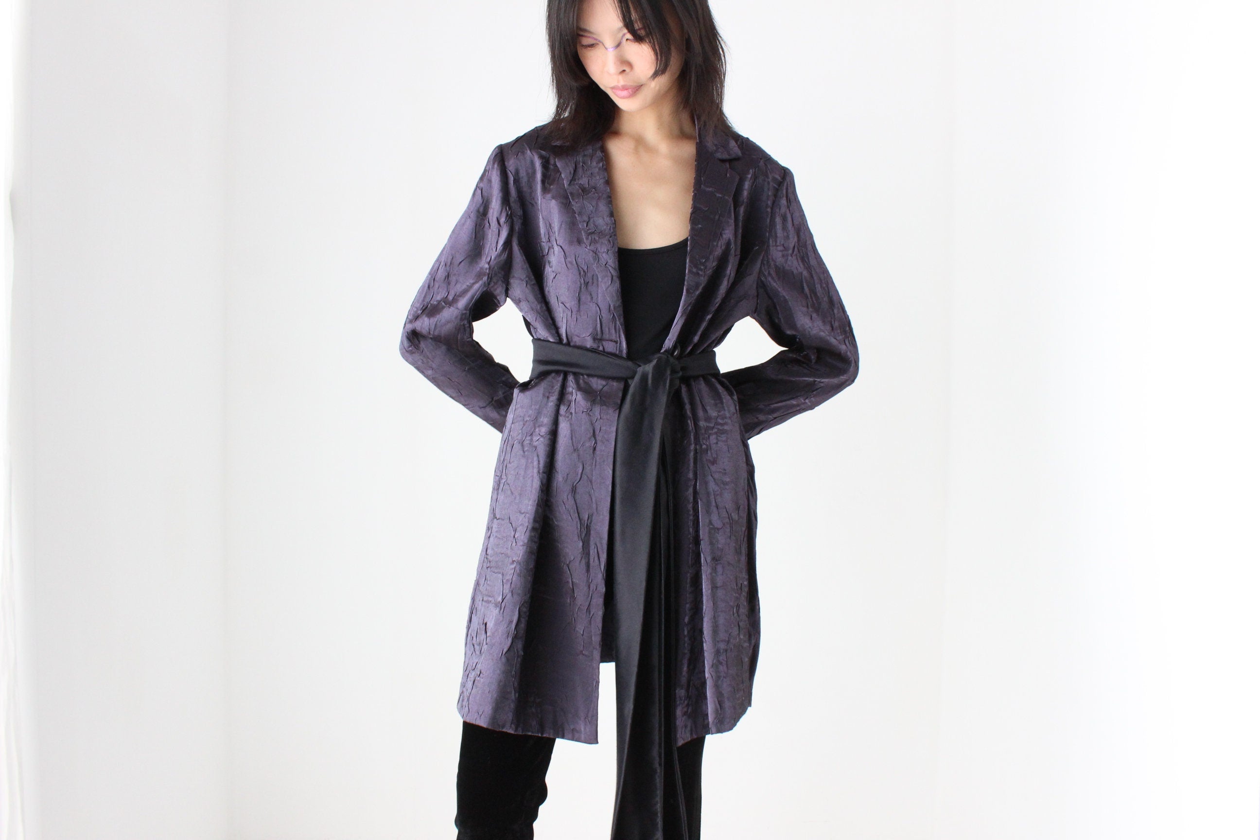 90s Deep Purple Metallic Crinkle Single Button Trench Coat