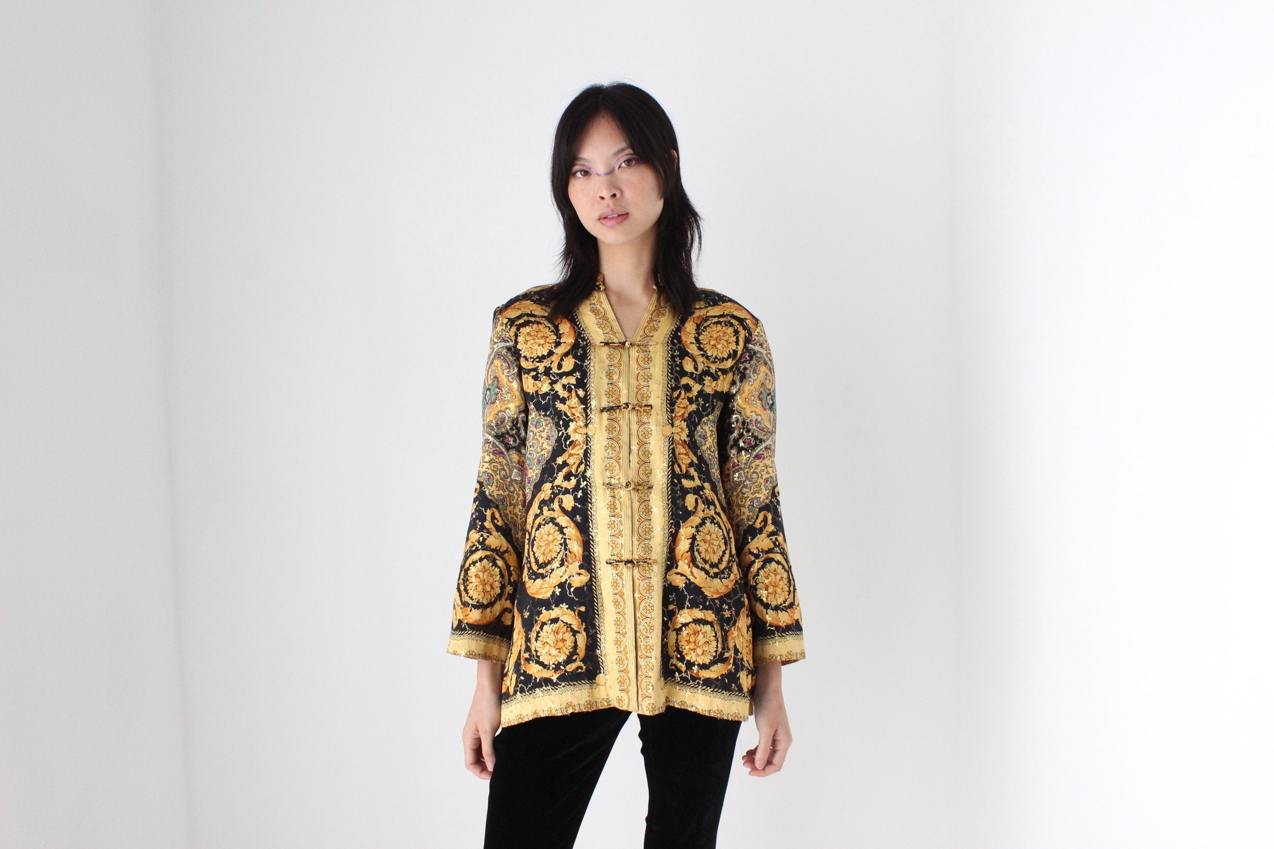 80s Pure Silk Baroque Print Mandarin Collar Quilted Jacket