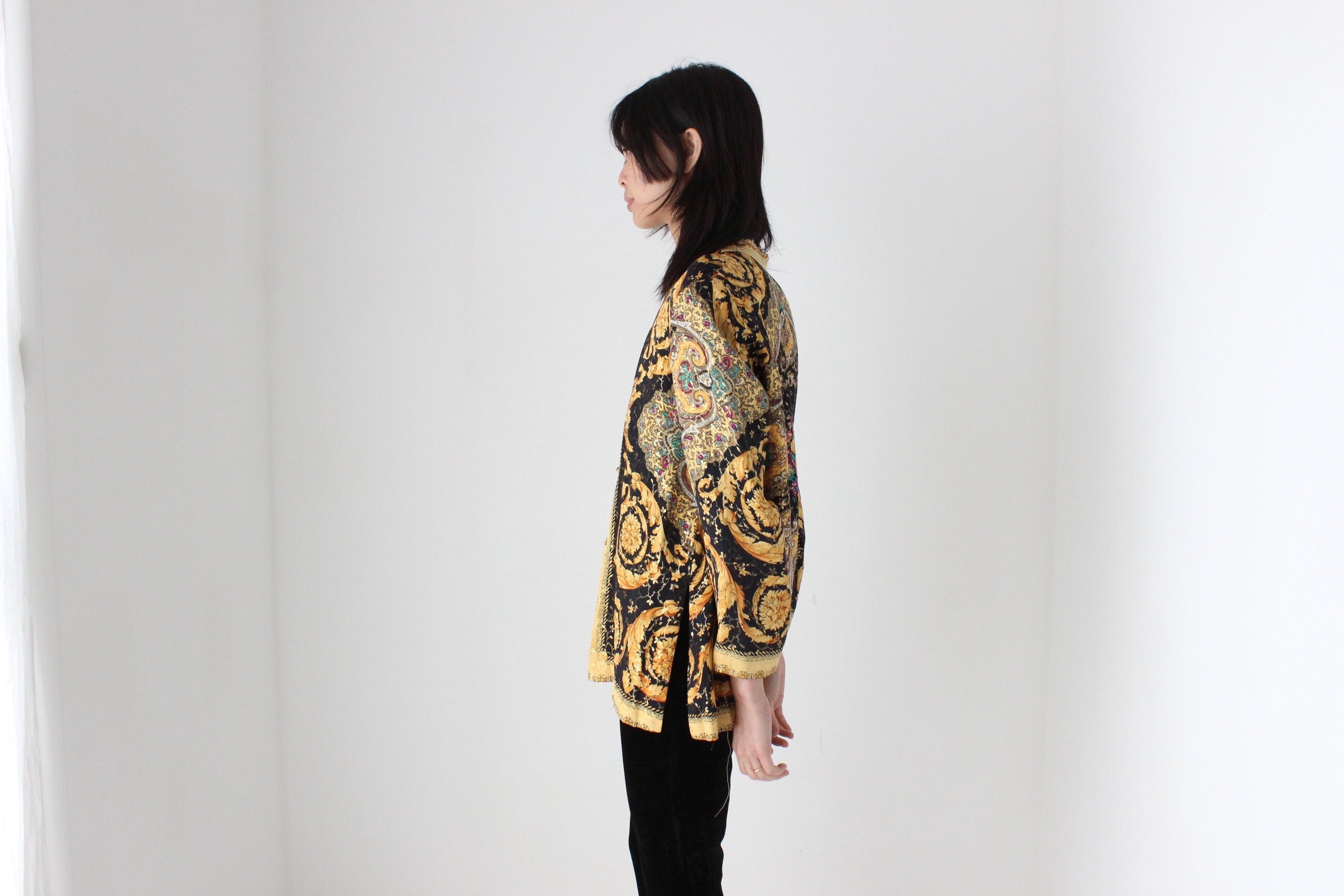 80s Pure Silk Baroque Print Mandarin Collar Quilted Jacket