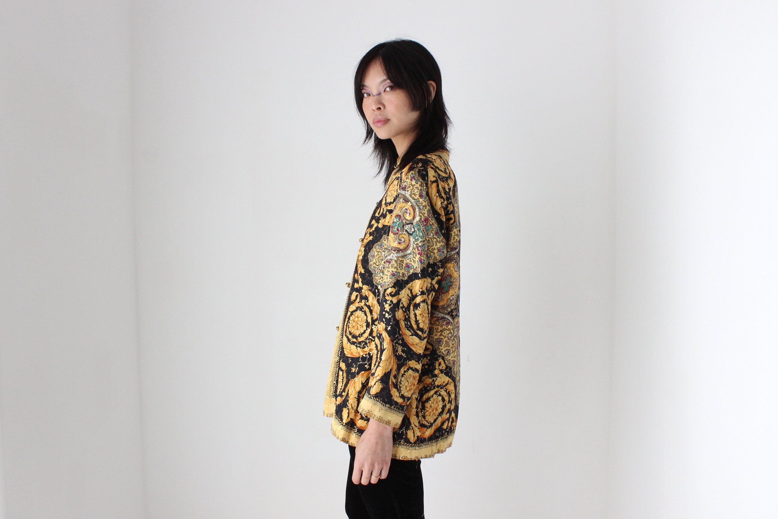 80s Pure Silk Baroque Print Mandarin Collar Quilted Jacket