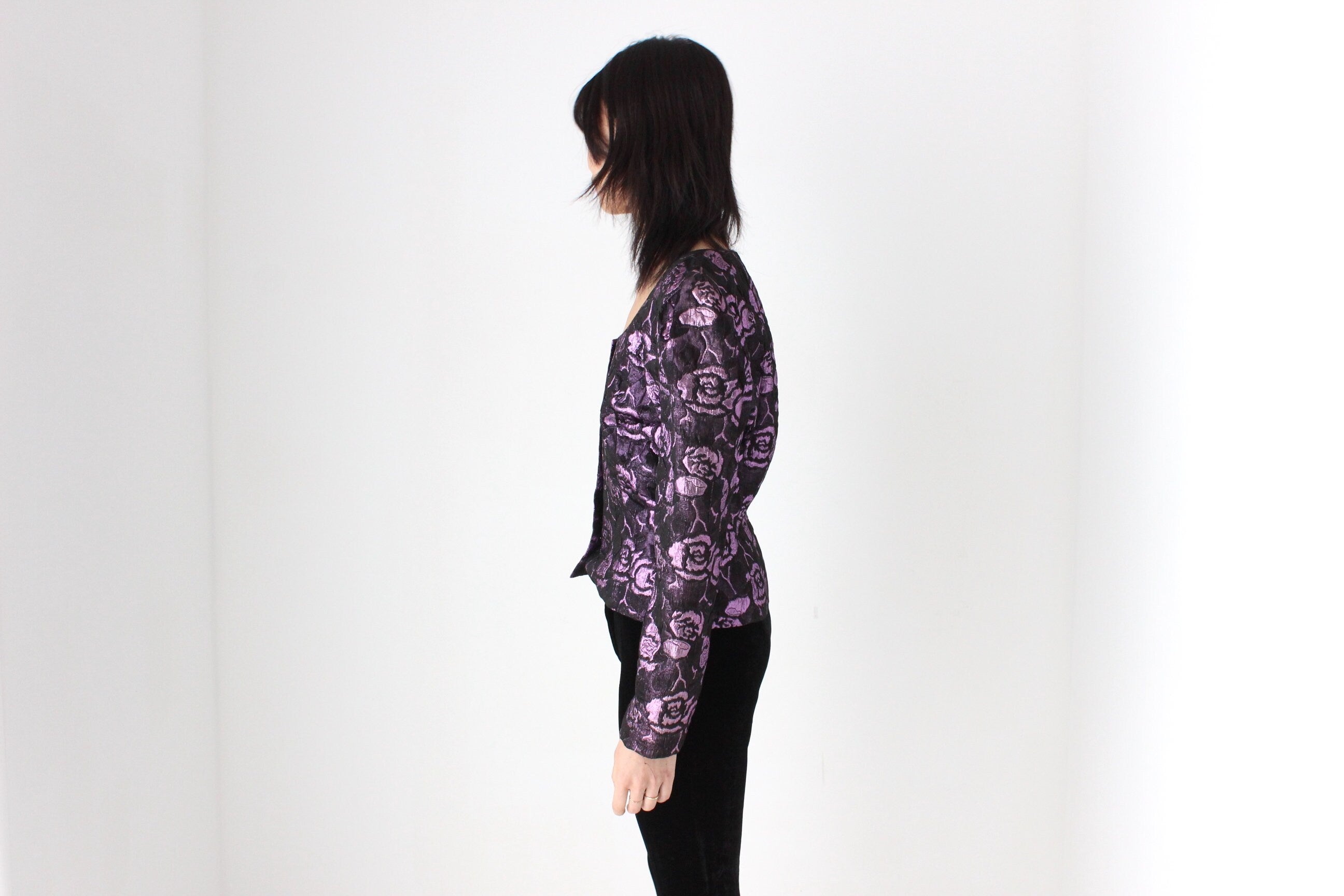 80s Metallic Jacquard Bold Shoulder Bustier Blazer Top