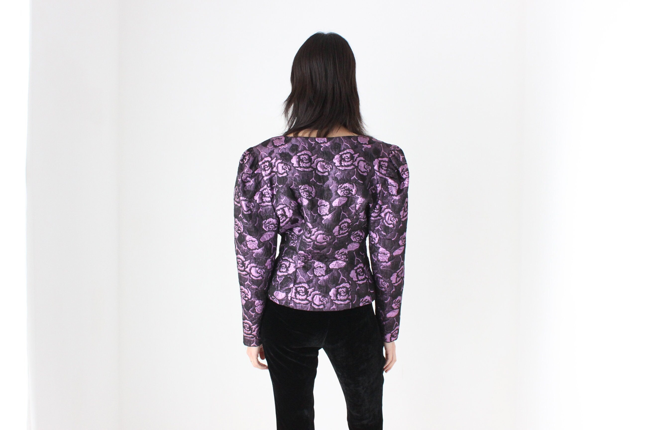 80s Metallic Jacquard Bold Shoulder Bustier Blazer Top