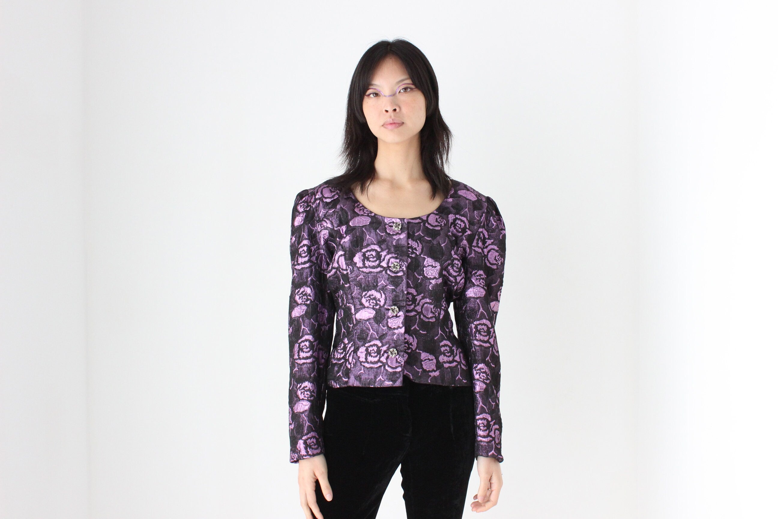 80s Metallic Jacquard Bold Shoulder Bustier Blazer Top