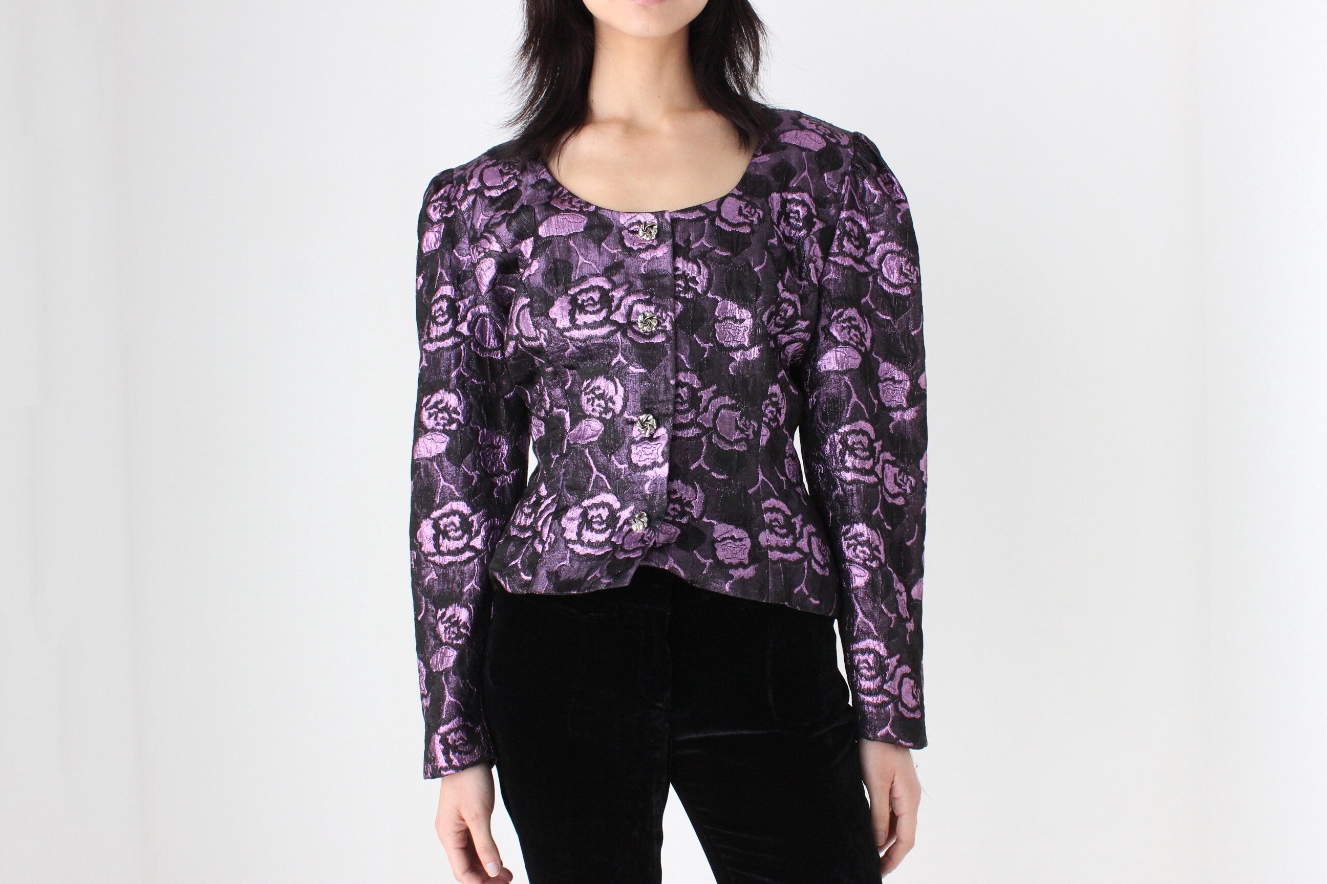 80s Metallic Jacquard Bold Shoulder Bustier Blazer Top