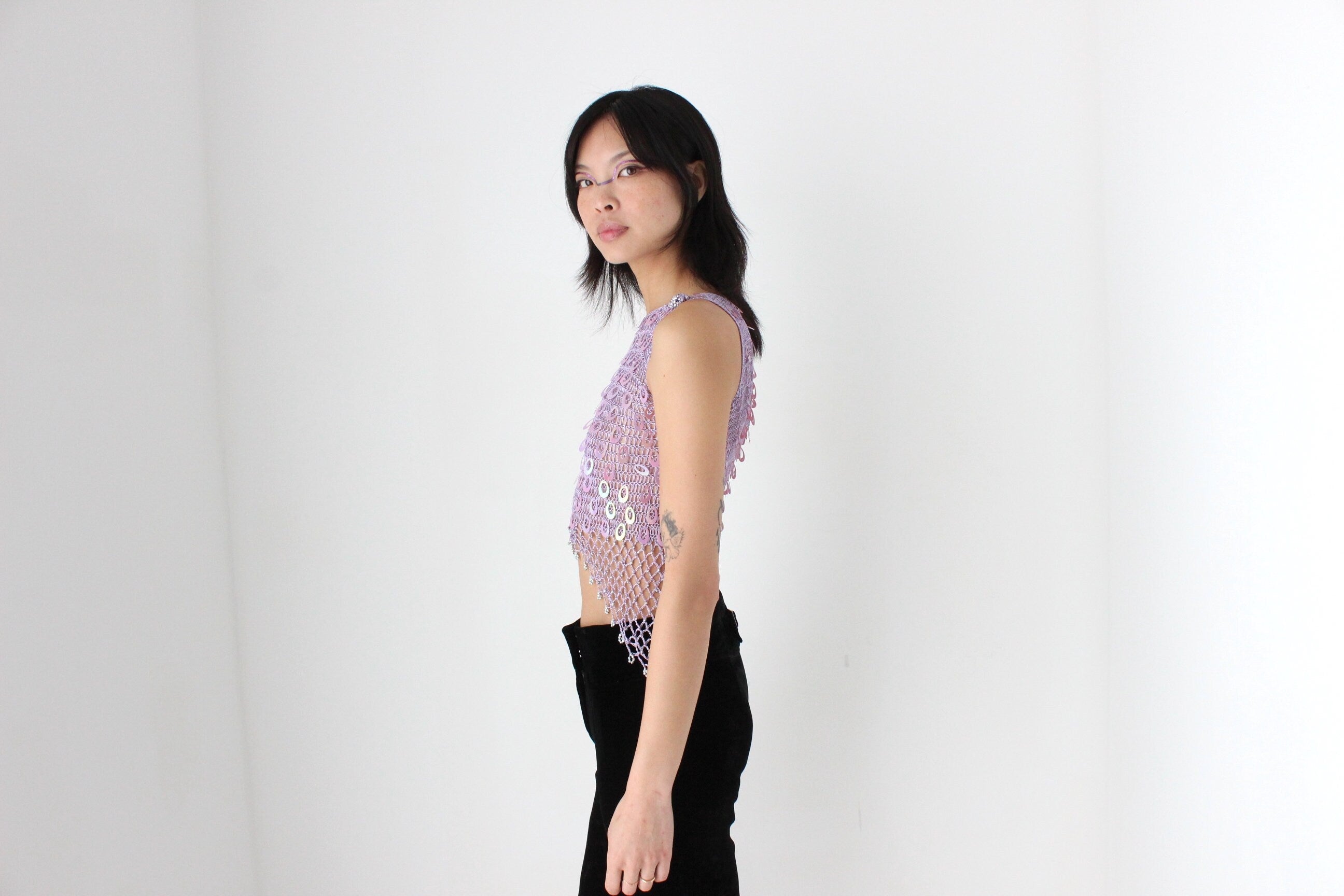 Y2K Crochet Knit & Disc Sequin Pastel Purple Party Crop Top