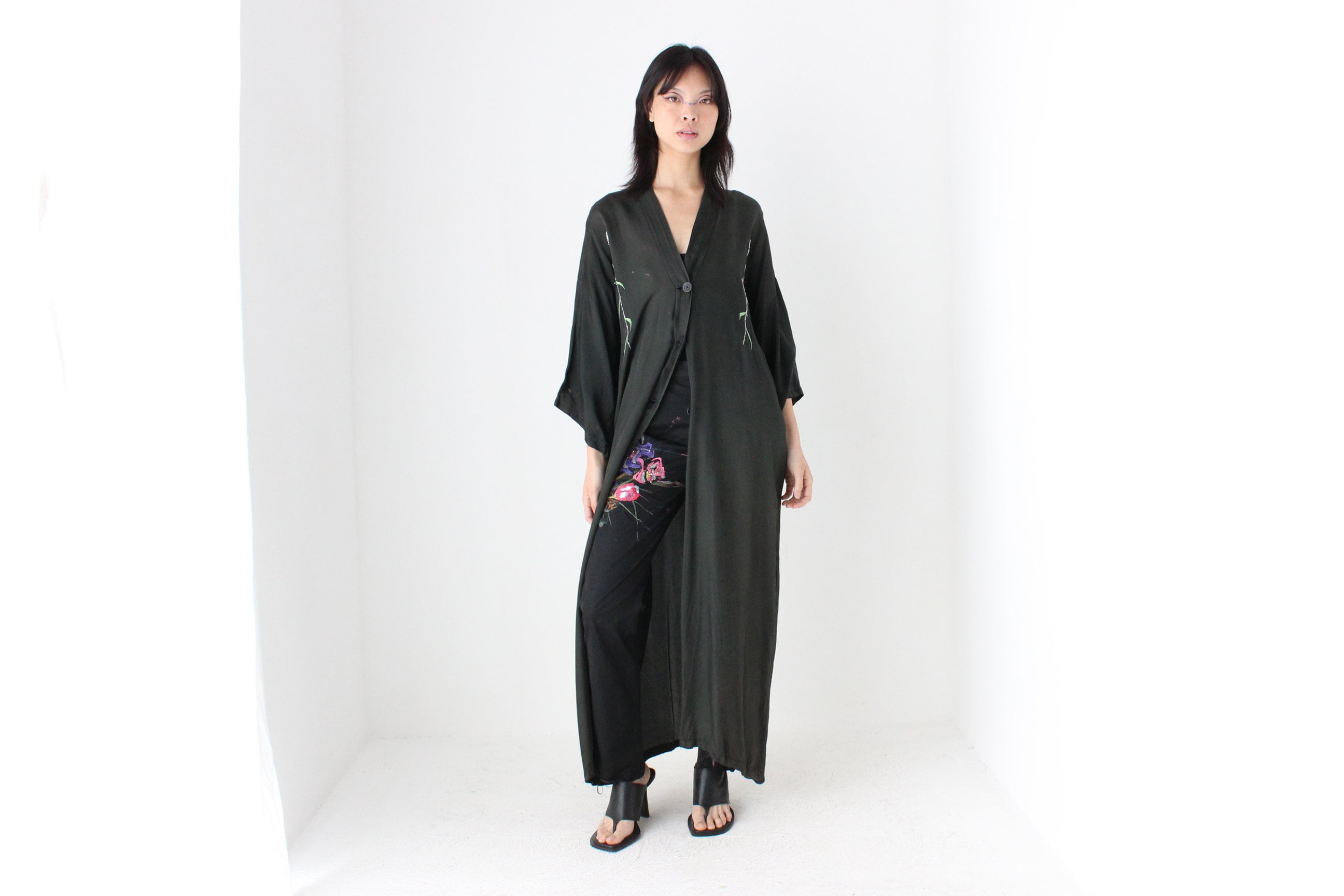 1980s Silky Rayon Button Front Kimono Robe Dress