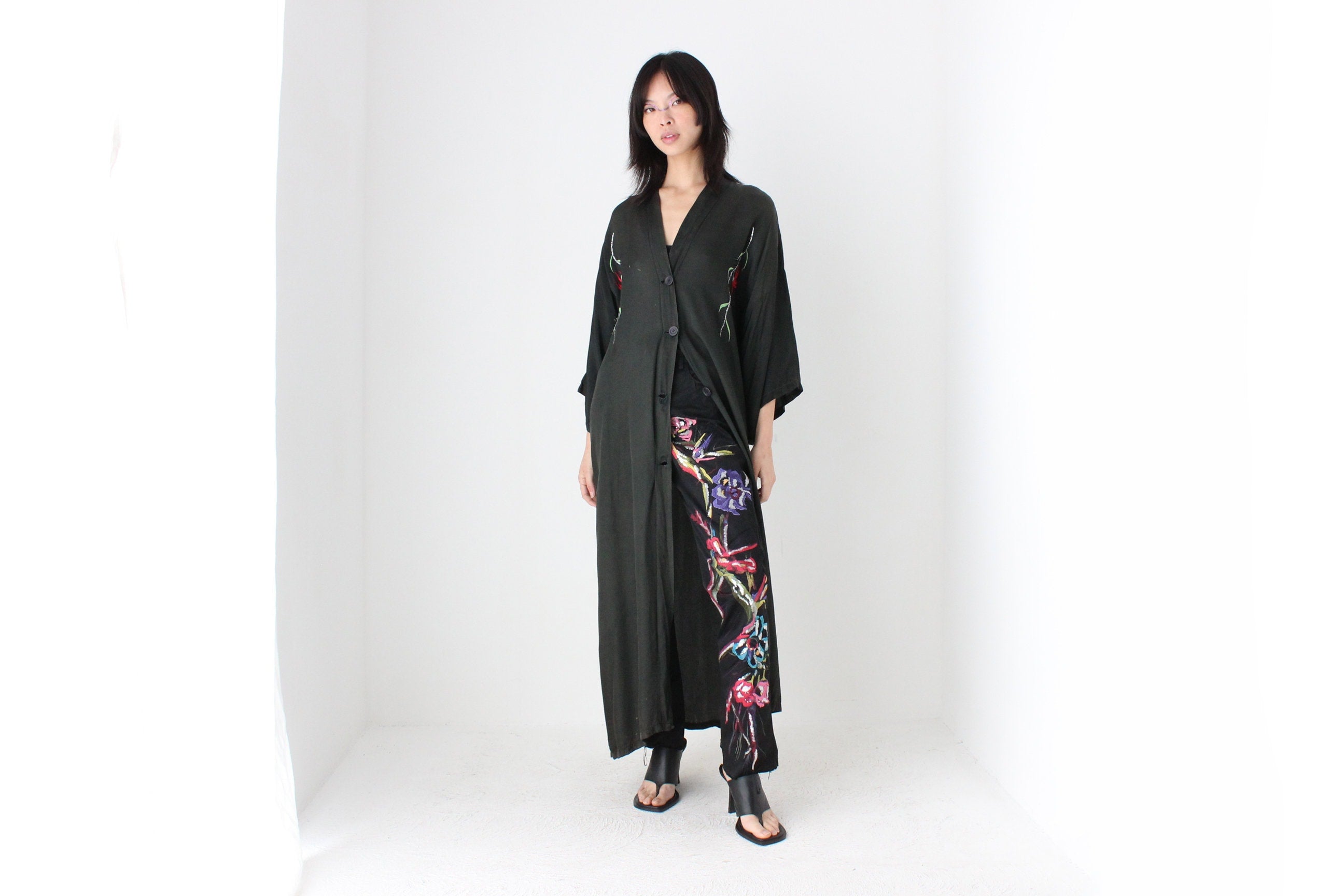 1980s Silky Rayon Button Front Kimono Robe Dress