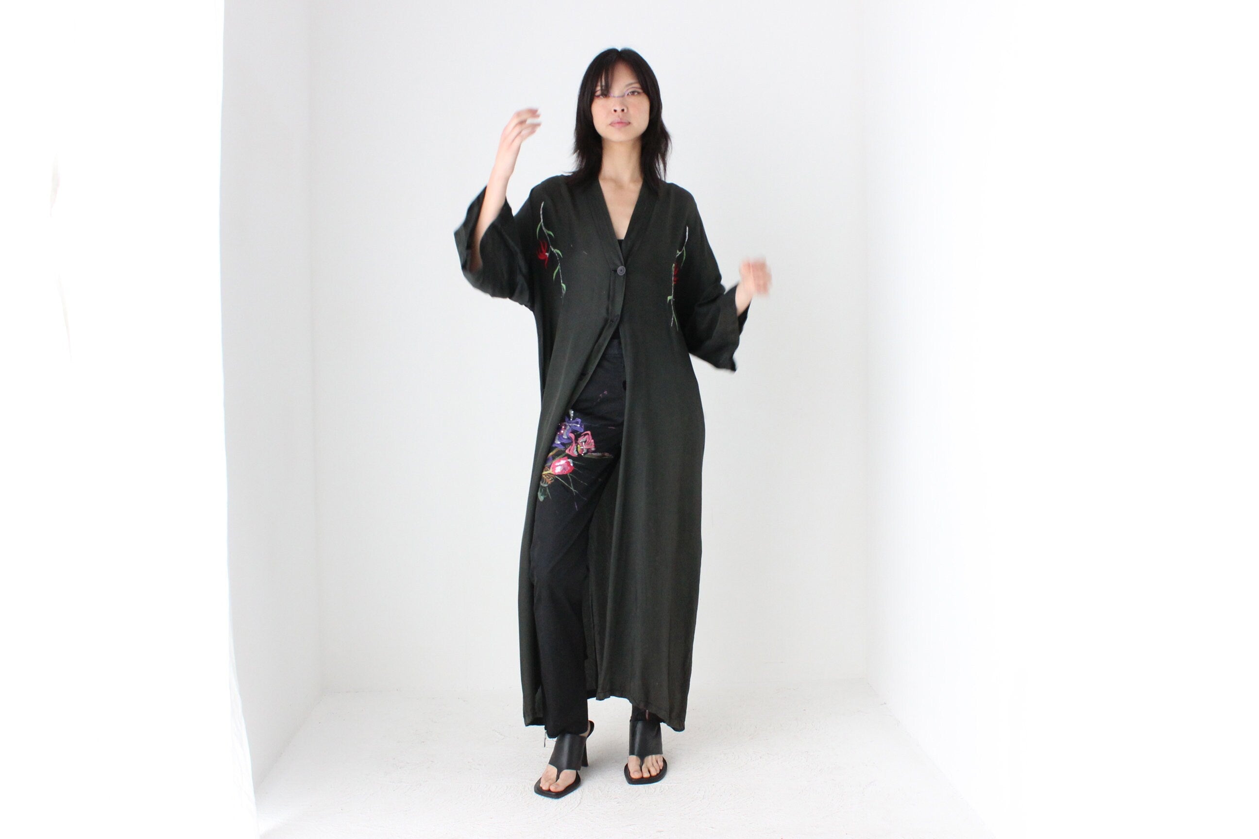 1980s Silky Rayon Button Front Kimono Robe Dress