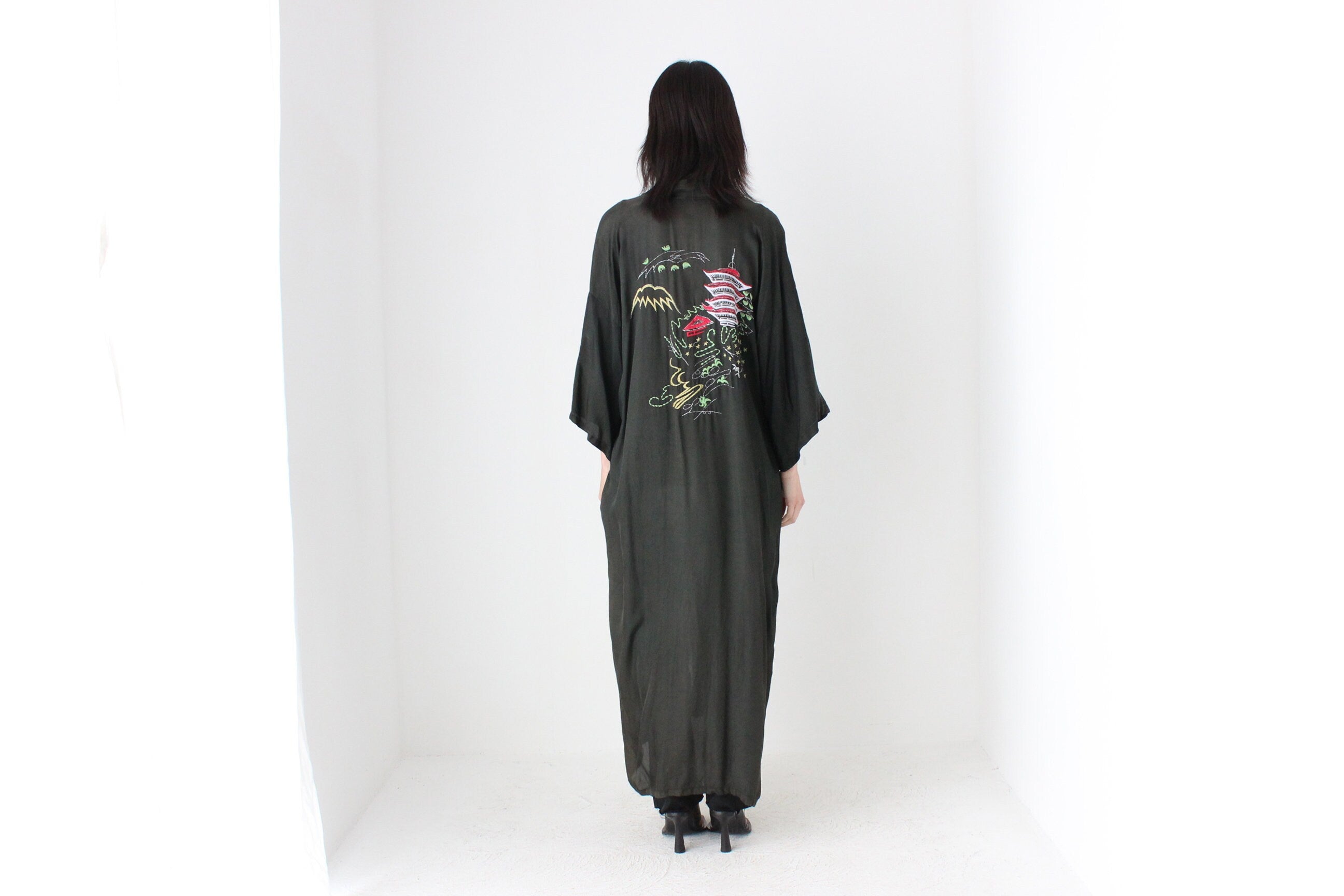 1980s Silky Rayon Button Front Kimono Robe Dress
