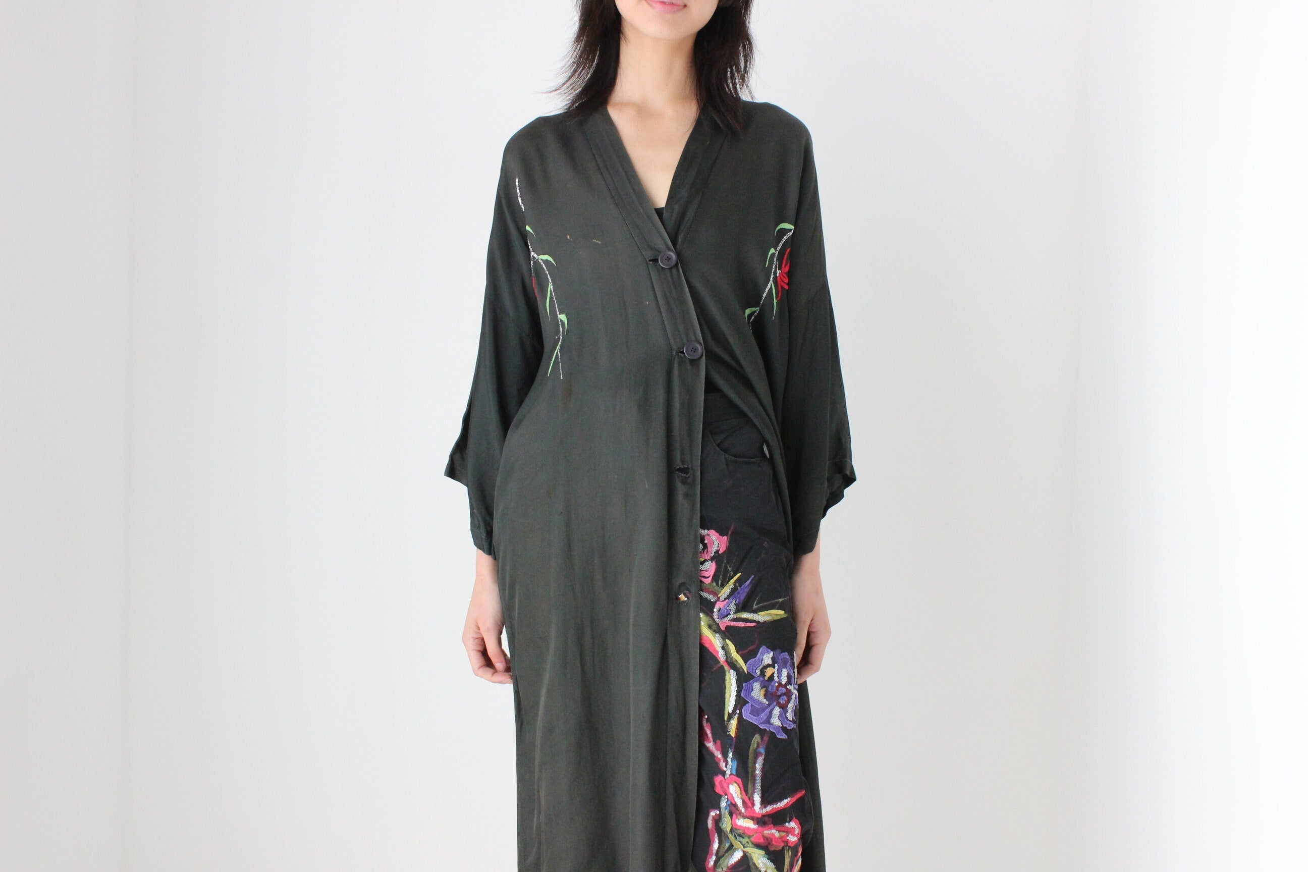 1980s Silky Rayon Button Front Kimono Robe Dress