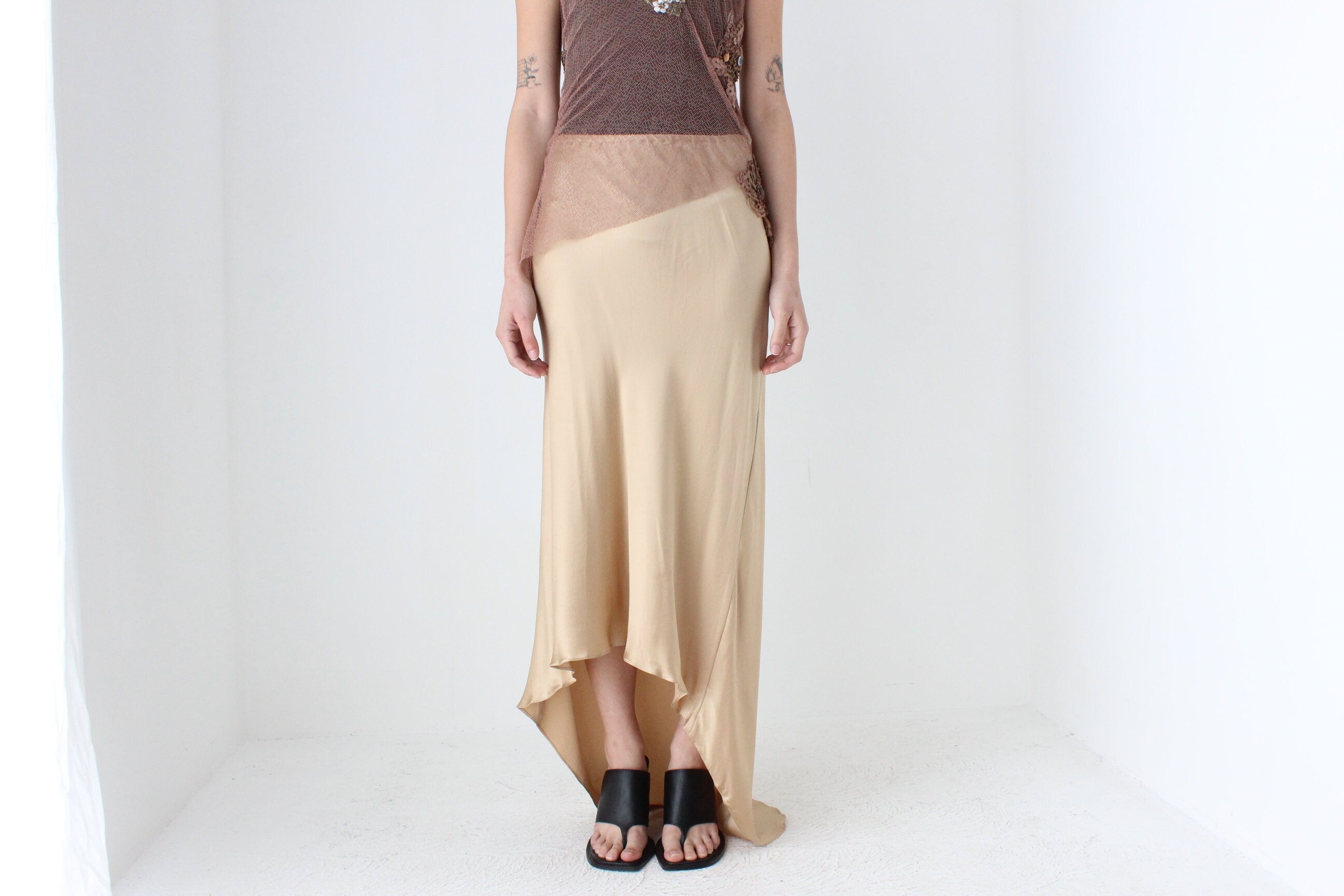 80s Pure Silk Neutral Nude Gold Bias Cut Maxi Skirt w/ Train