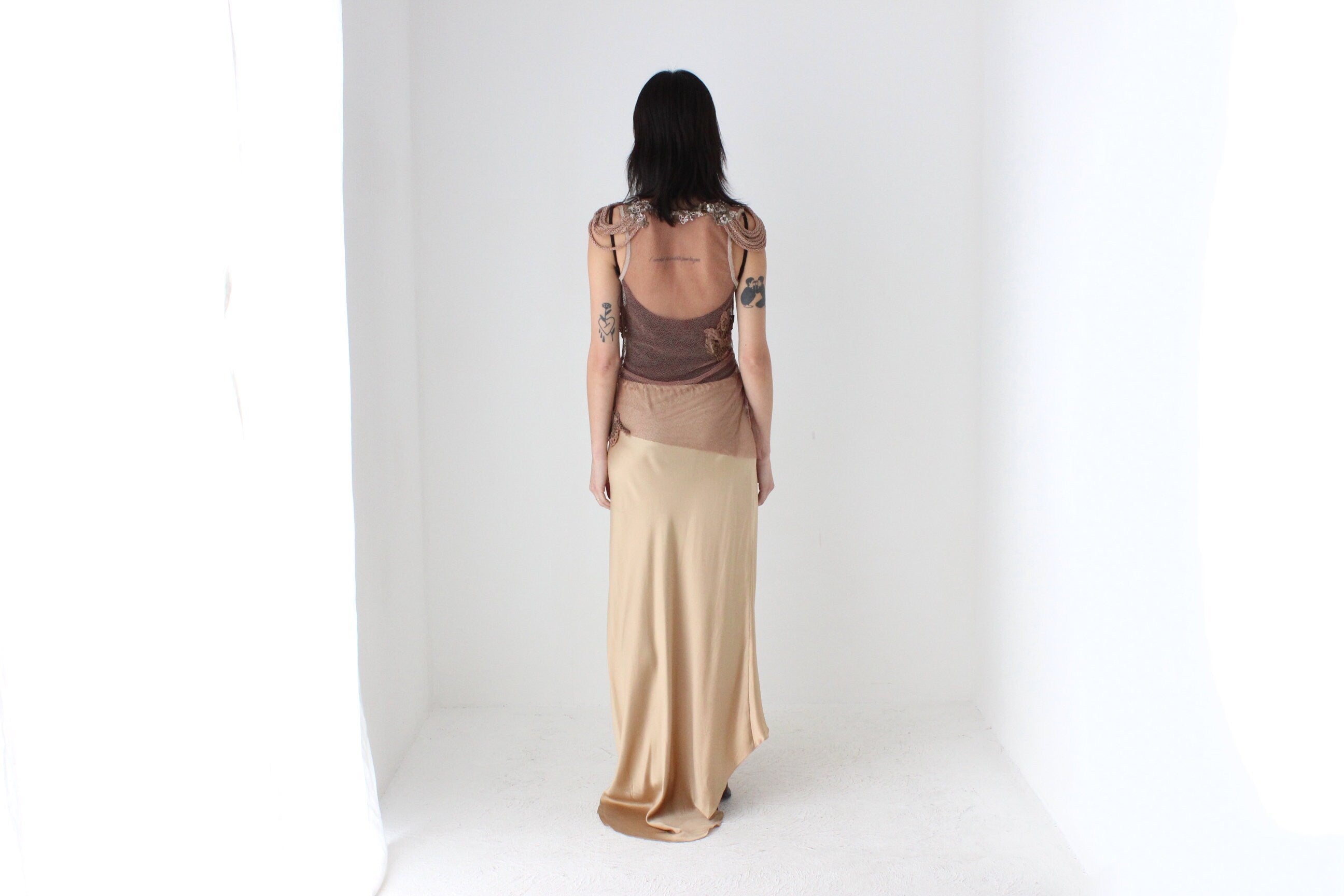 80s Pure Silk Neutral Nude Gold Bias Cut Maxi Skirt w/ Train