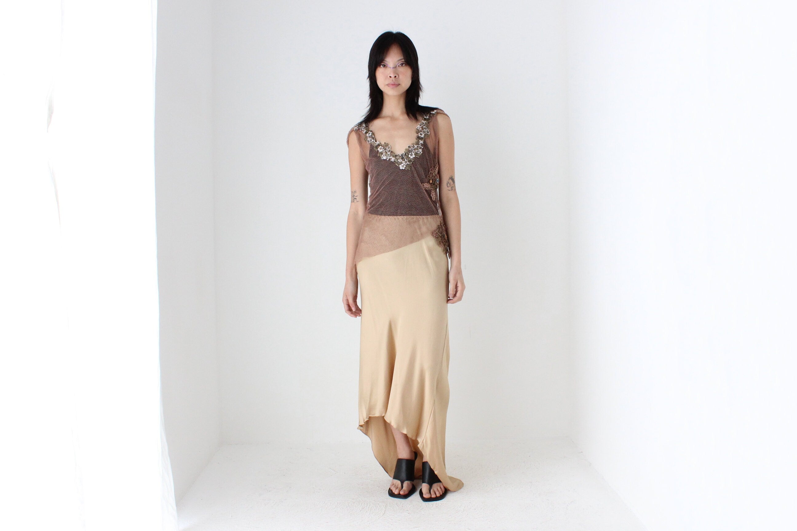 80s Pure Silk Neutral Nude Gold Bias Cut Maxi Skirt w/ Train