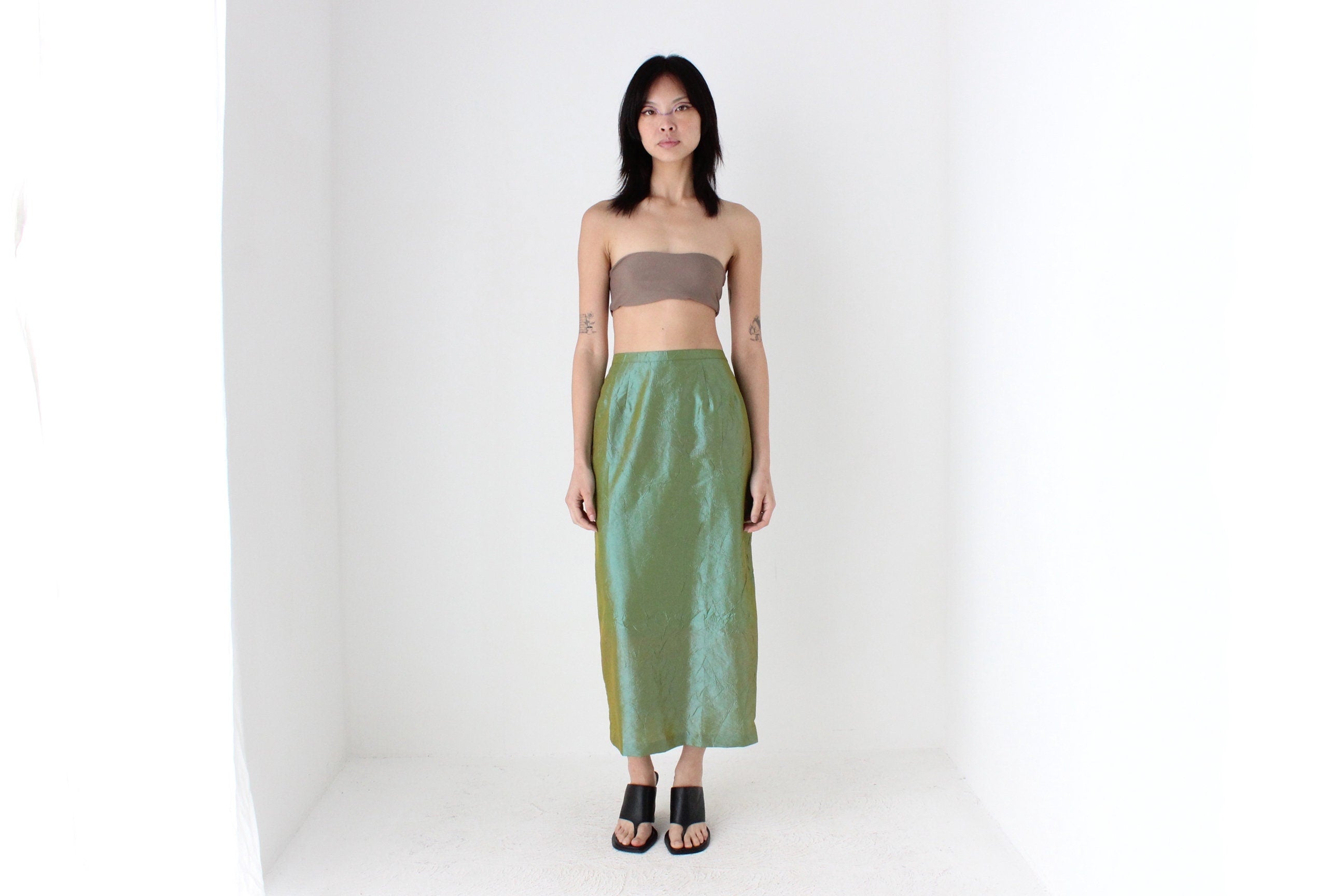 90s Metallic Green Crinkle Taffeta High Waist Column Midi Skirt