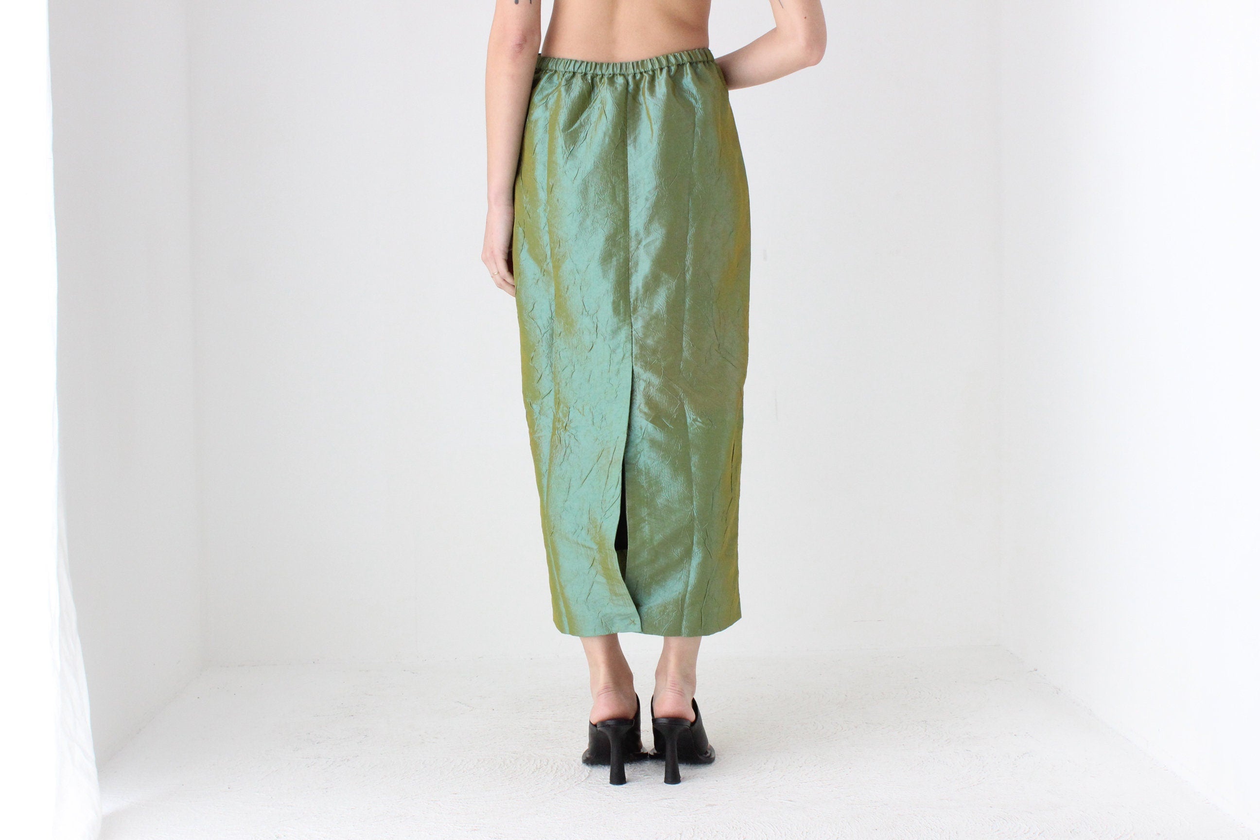 90s Metallic Green Crinkle Taffeta High Waist Column Midi Skirt
