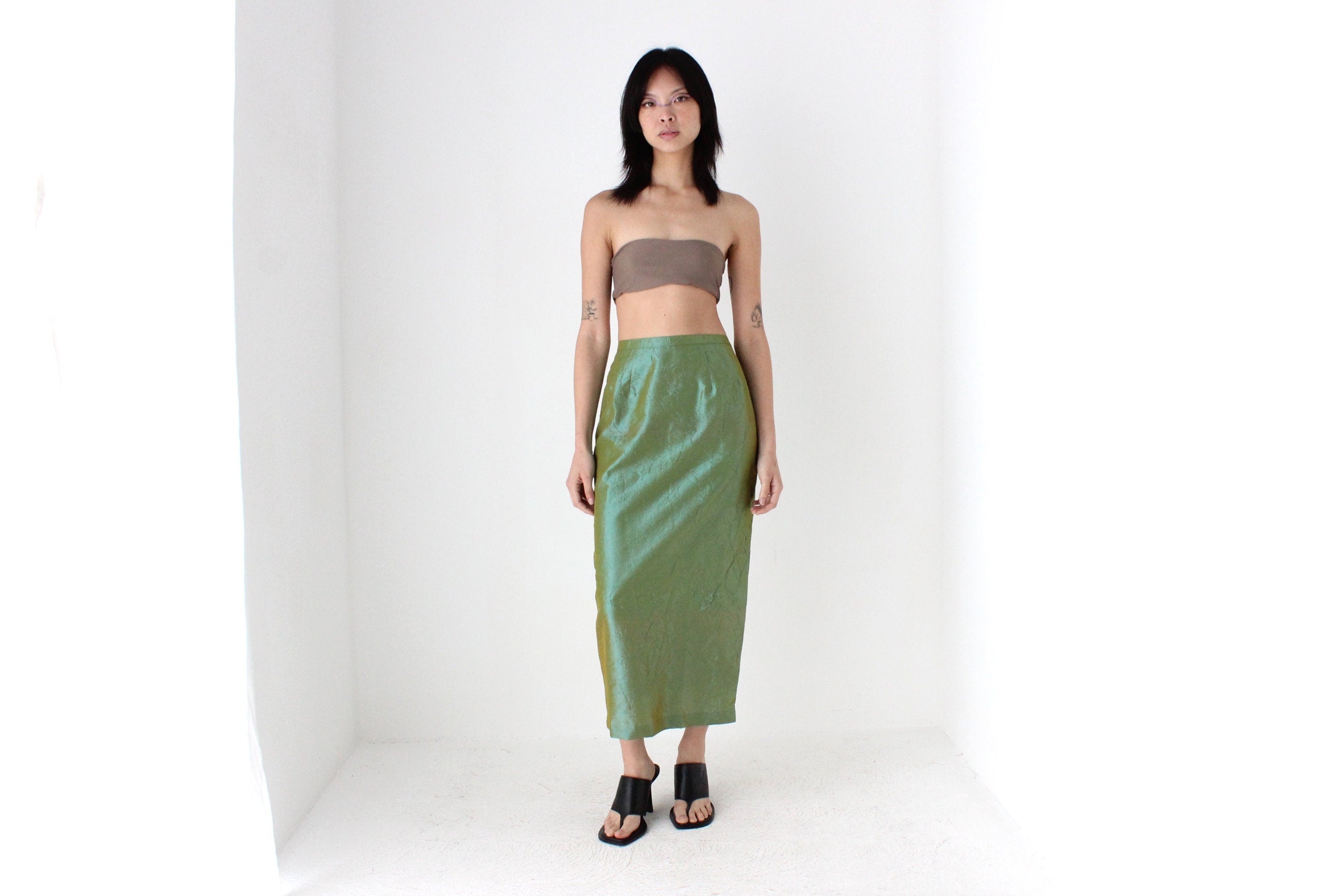 90s Metallic Green Crinkle Taffeta High Waist Column Midi Skirt