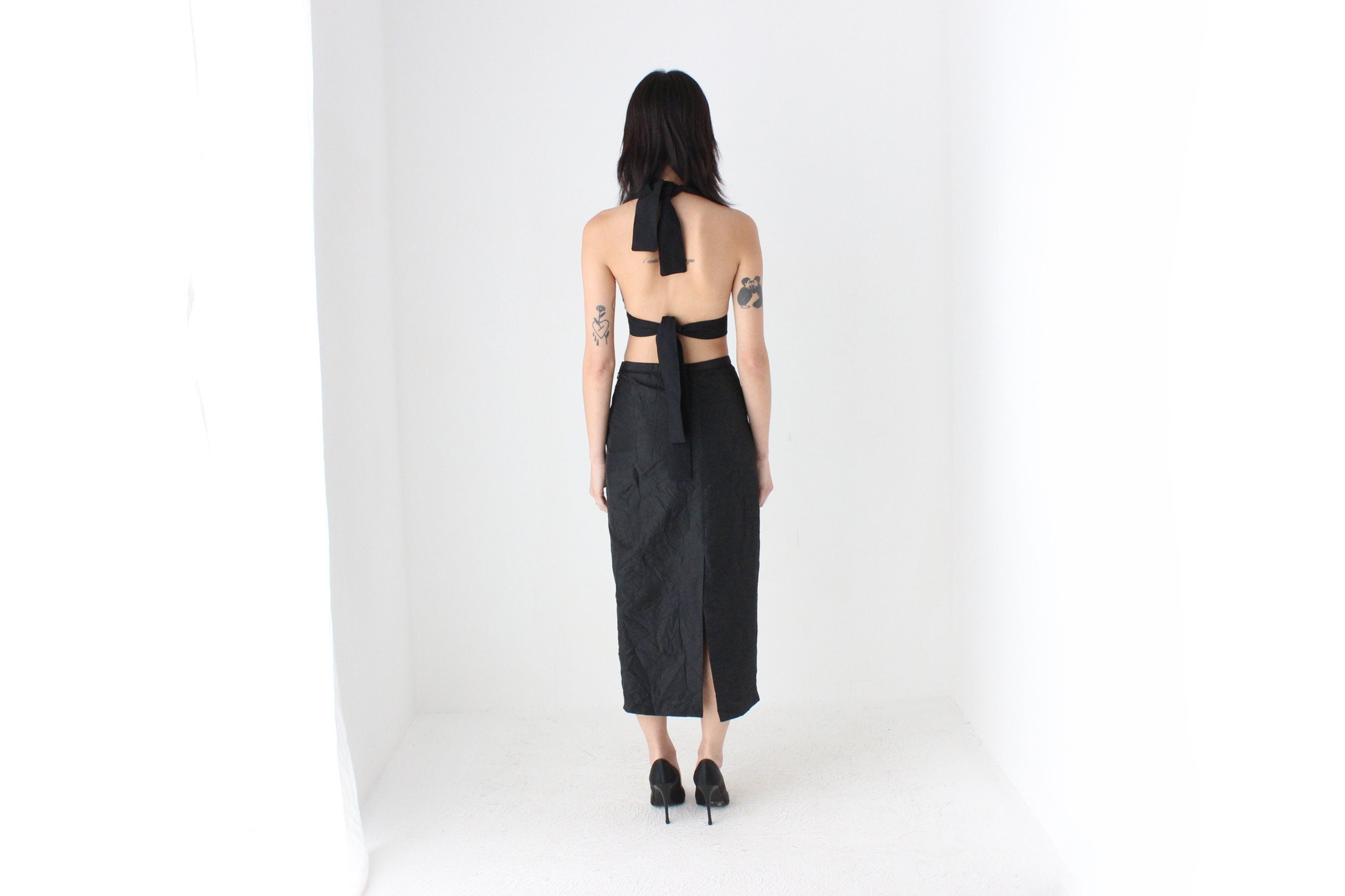 90s Black Taffeta Crinkle High Waist Column Midi Skirt