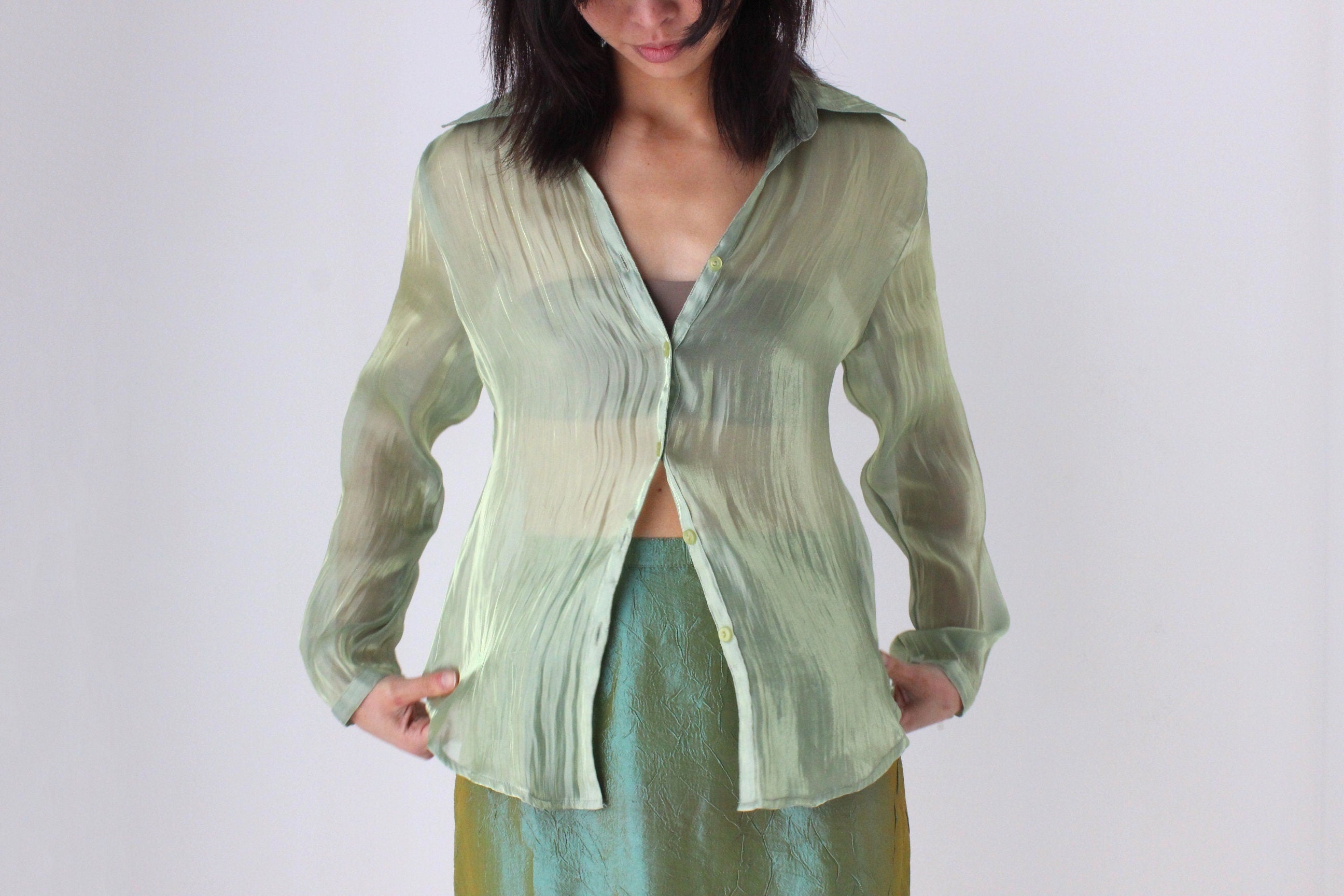 Y2K Iridescent Green Sheer Metallic Button Up Blouse