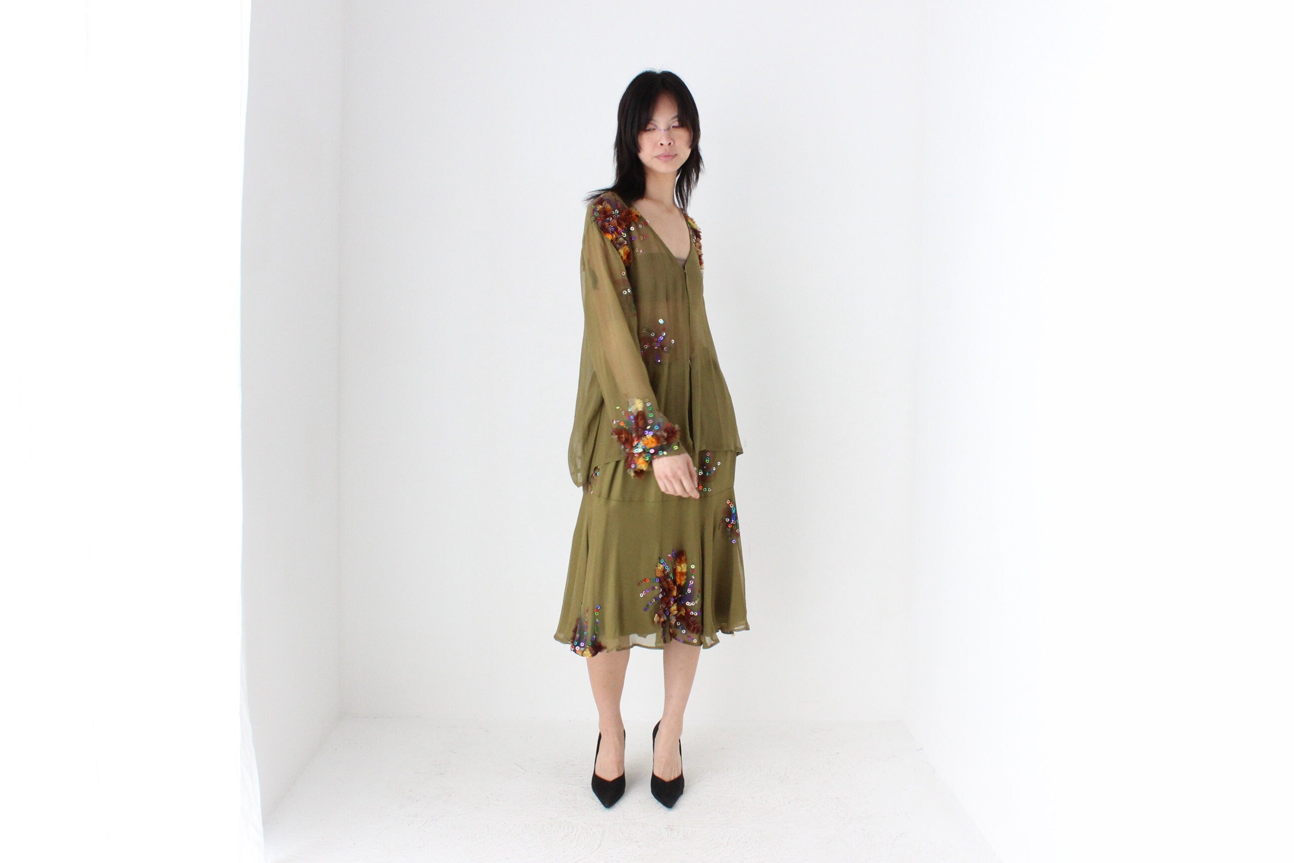 80s Pure Silk Wearable Art Matching Two Piece Skirt & Top Set