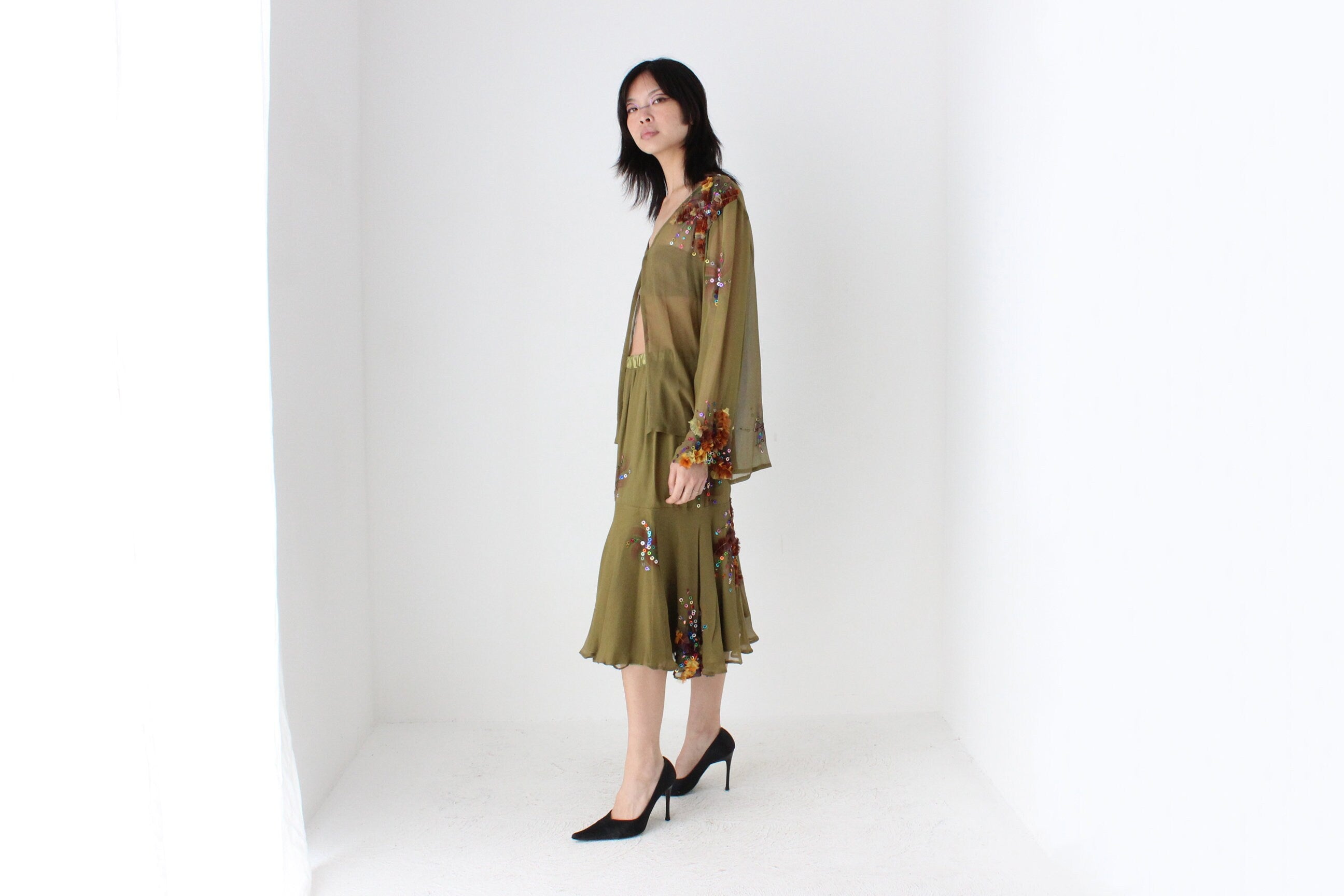 80s Pure Silk Wearable Art Matching Two Piece Skirt & Top Set
