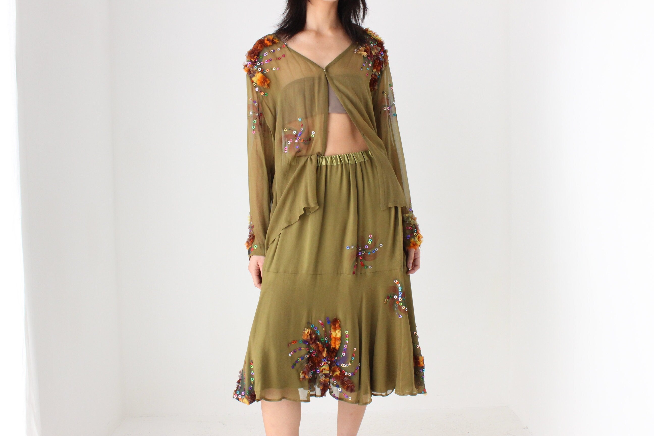 80s Pure Silk Wearable Art Matching Two Piece Skirt & Top Set