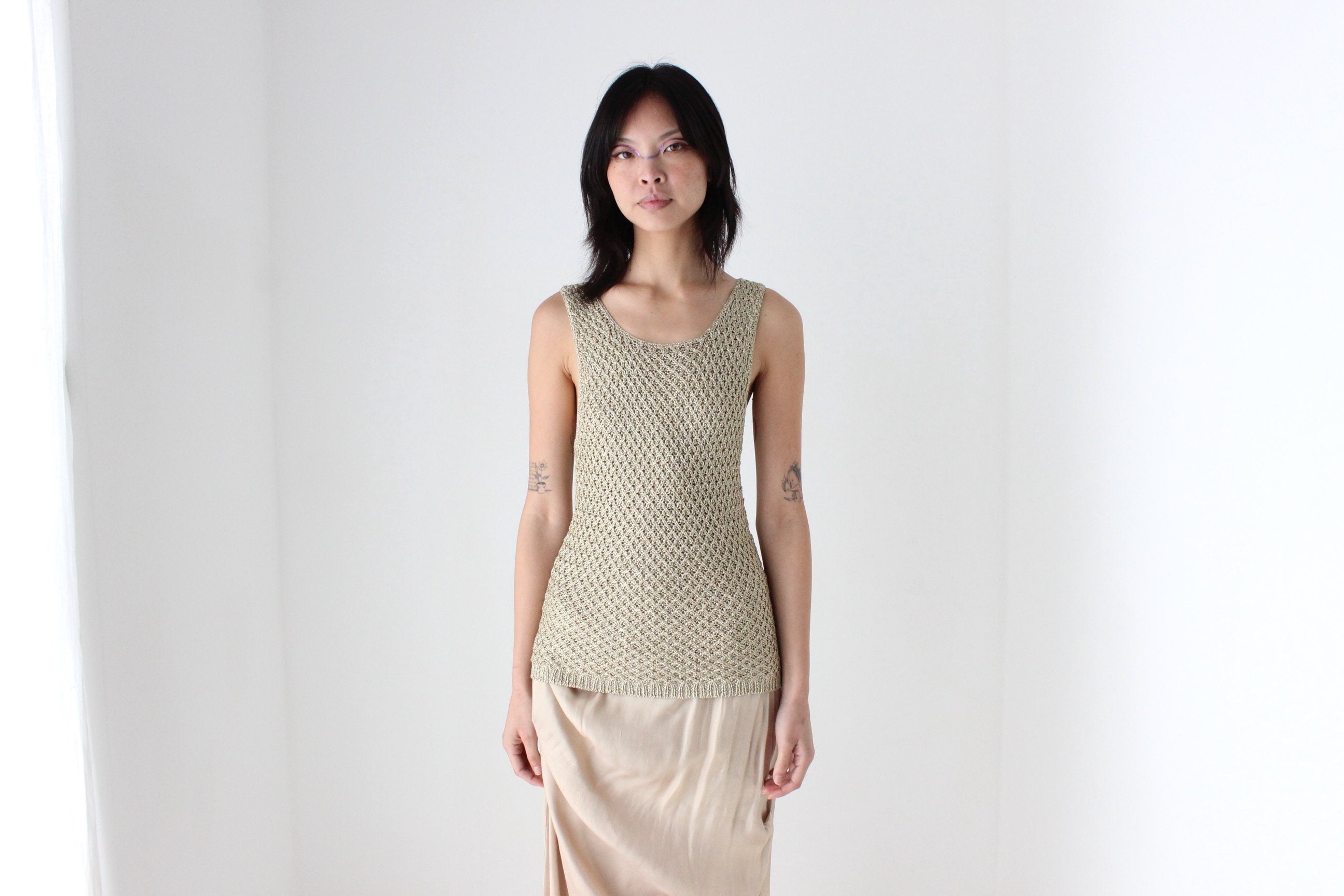2000s Gold Knit Sleeveless Crochet Tank