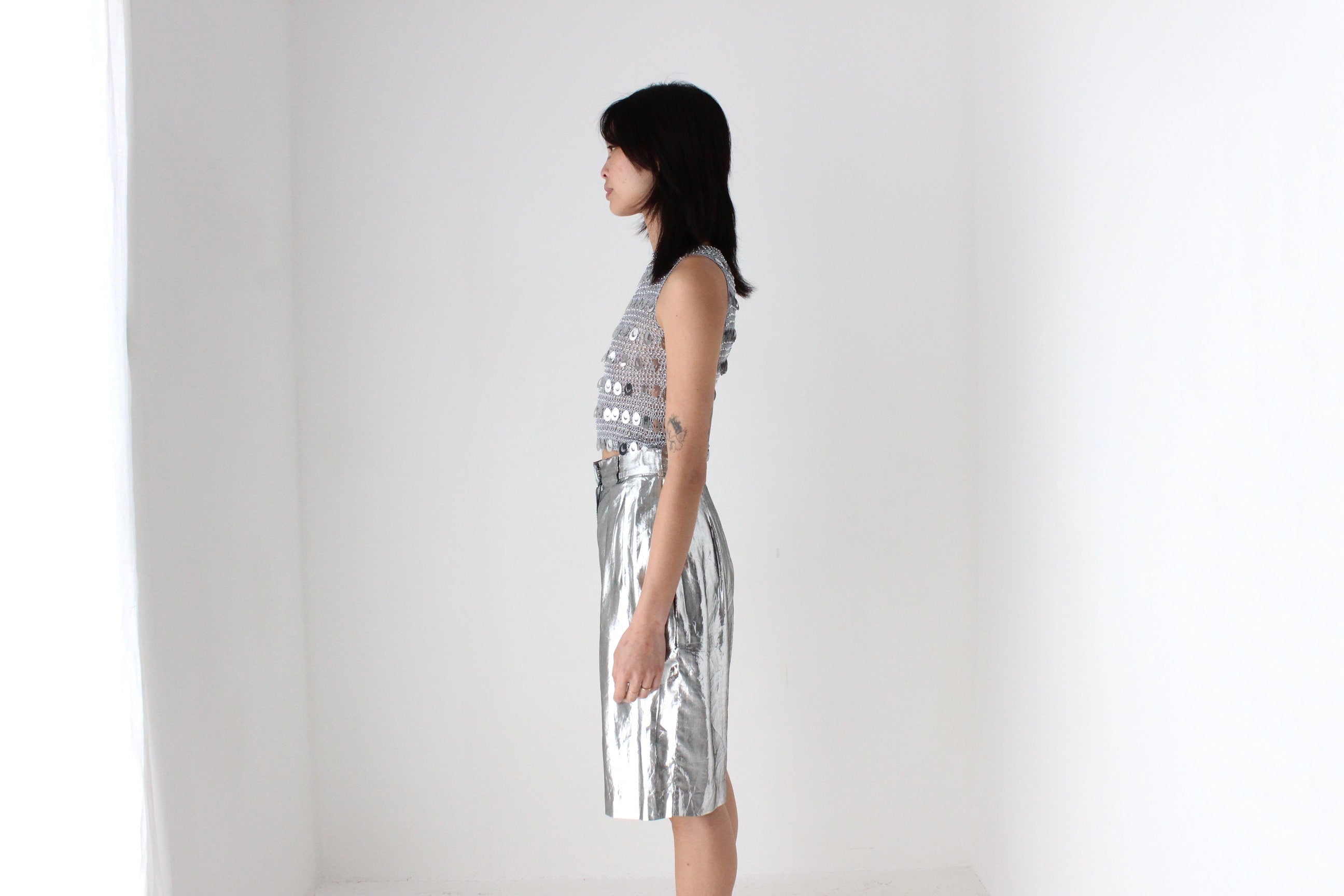 80s Silver Lamé Metallic Foil Long Line Pleated Shorts by Heléne Sidel