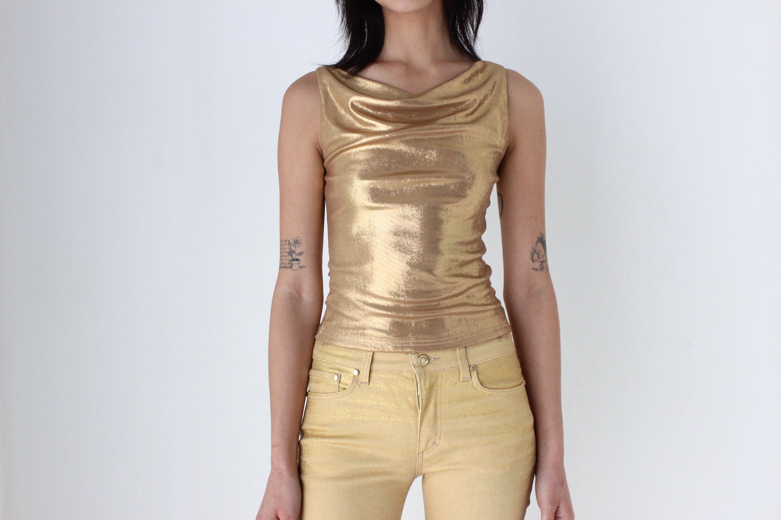 Y2K Liquid Gold Metallic Cowl Neck Disco Top